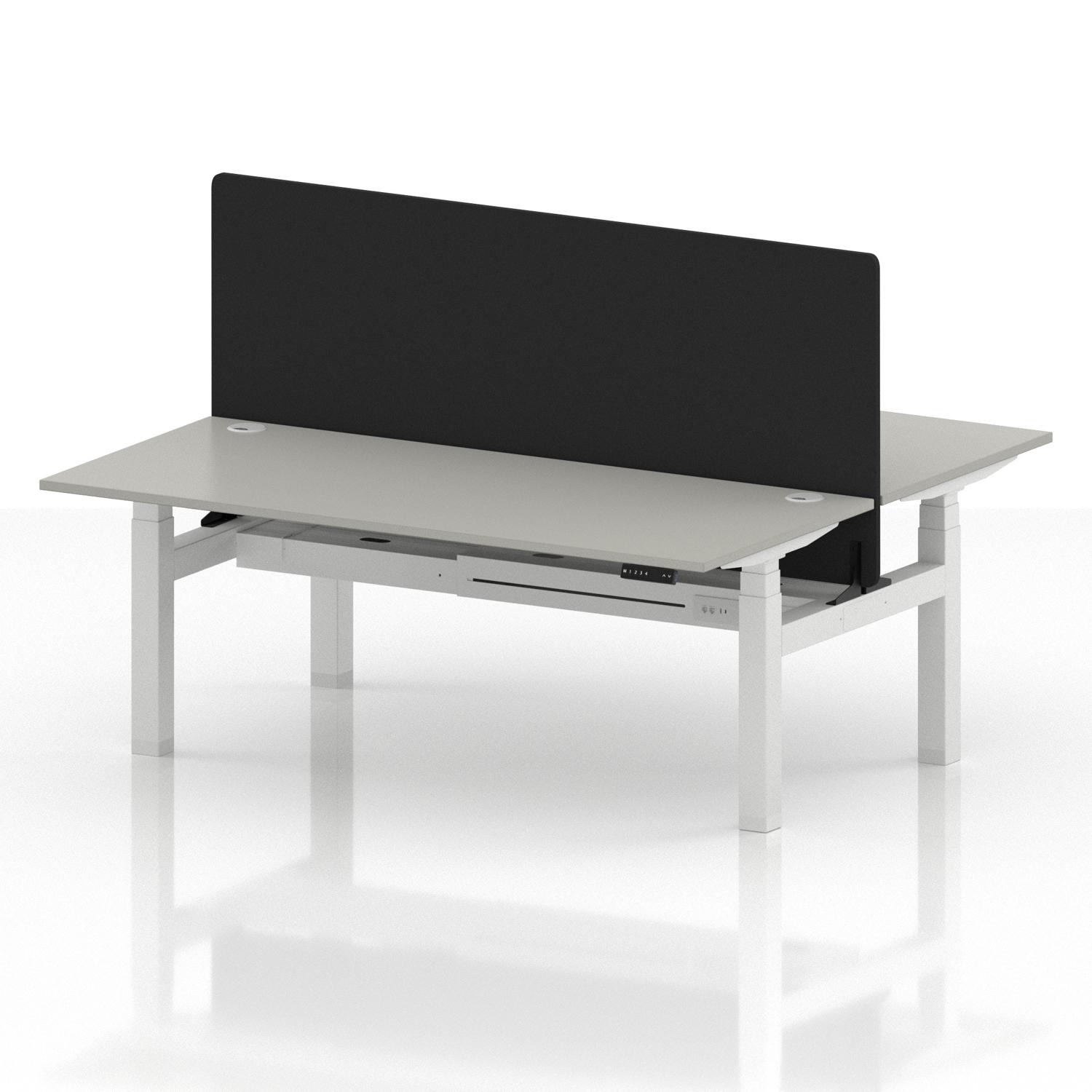 Air Back-to-Back 1800 x 800mm Height Adjustable 2 Person Office Bench Desk Dove Grey Top with Cable Ports White Frame with Black Straight Screen Air Back-to-Back 1800 x 800mm Height Adjustable 2 Person Office Bench Desk Dove Grey Top with Cable Ports White Frame with Black Straight Screen