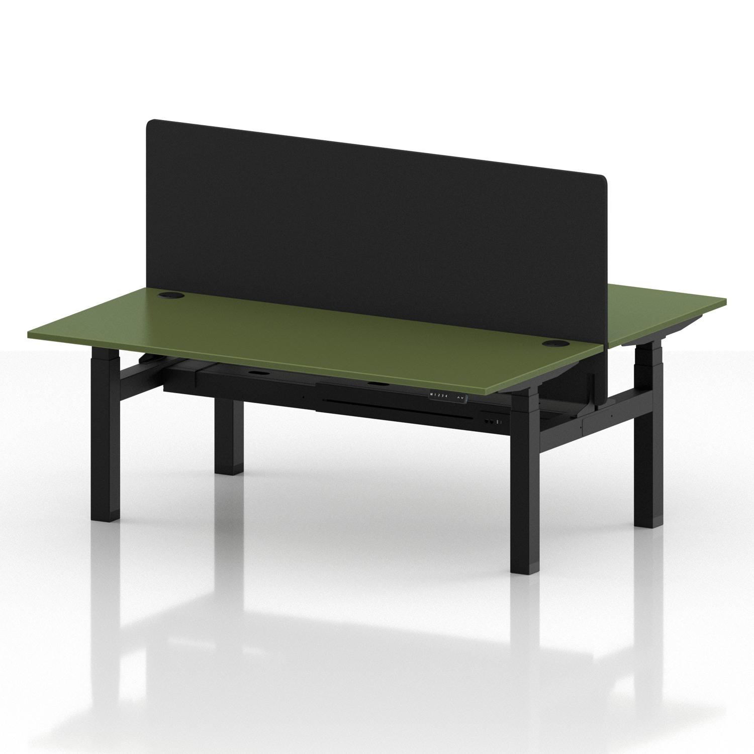 Air Back-to-Back 1800 x 800mm Height Adjustable 2 Person Office Bench Desk Moss Green Top with Cable Ports Black Frame with Black Straight Screen Air Back-to-Back 1800 x 800mm Height Adjustable 2 Person Office Bench Desk Moss Green Top with Cable Ports Black Frame with Black Straight Screen