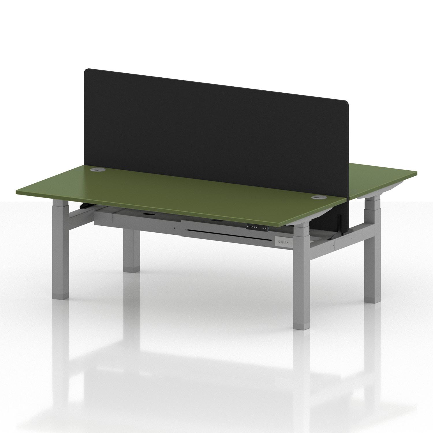 Air Back-to-Back 1800 x 800mm Height Adjustable 2 Person Office Bench Desk Moss Green Top with Cable Ports Silver Frame with Black Straight Screen Air Back-to-Back 1800 x 800mm Height Adjustable 2 Person Office Bench Desk Moss Green Top with Cable Ports Silver Frame with Black Straight Screen