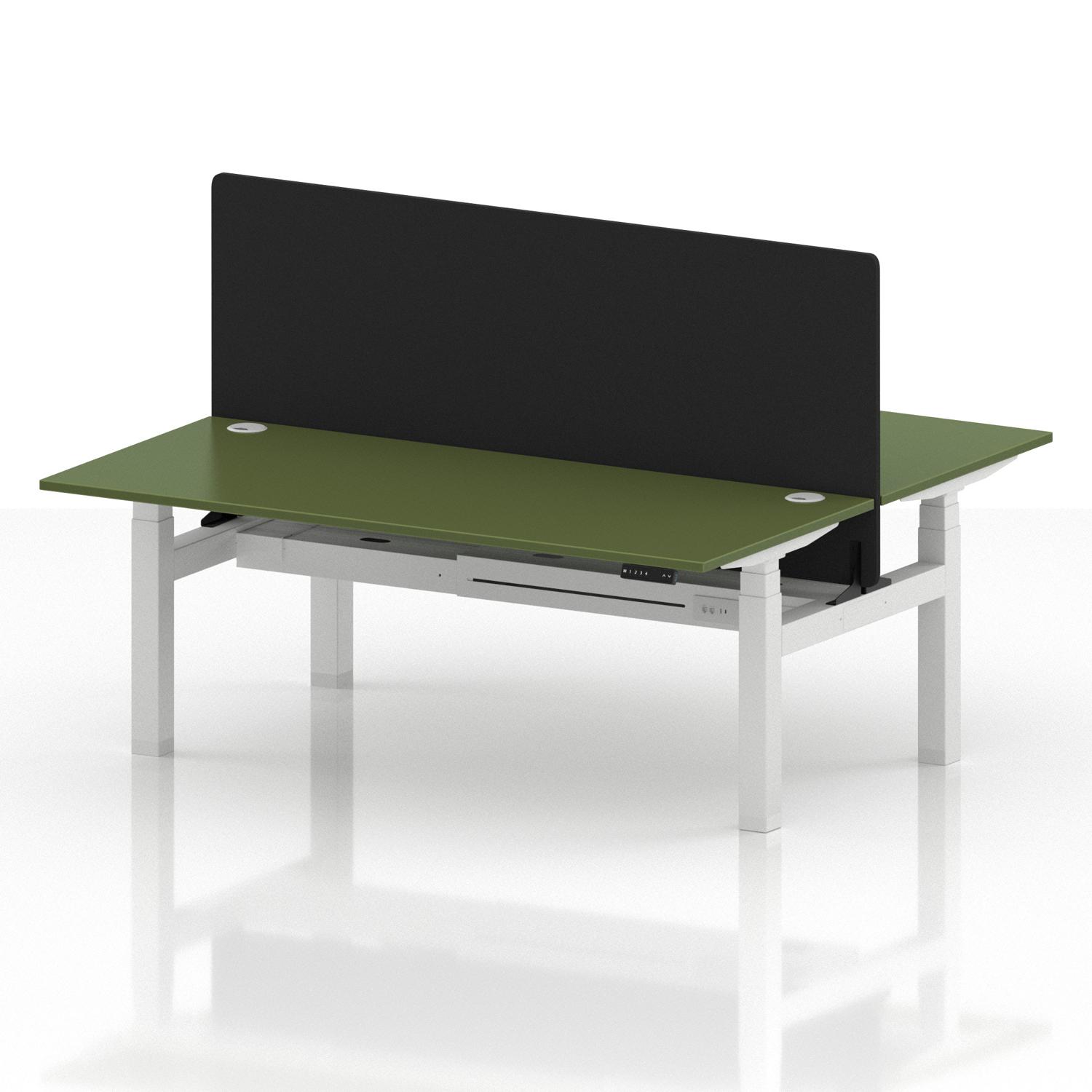Air Back-to-Back 1800 x 800mm Height Adjustable 2 Person Office Bench Desk Moss Green Top with Cable Ports White Frame with Black Straight Screen Air Back-to-Back 1800 x 800mm Height Adjustable 2 Person Office Bench Desk Moss Green Top with Cable Ports White Frame with Black Straight Screen