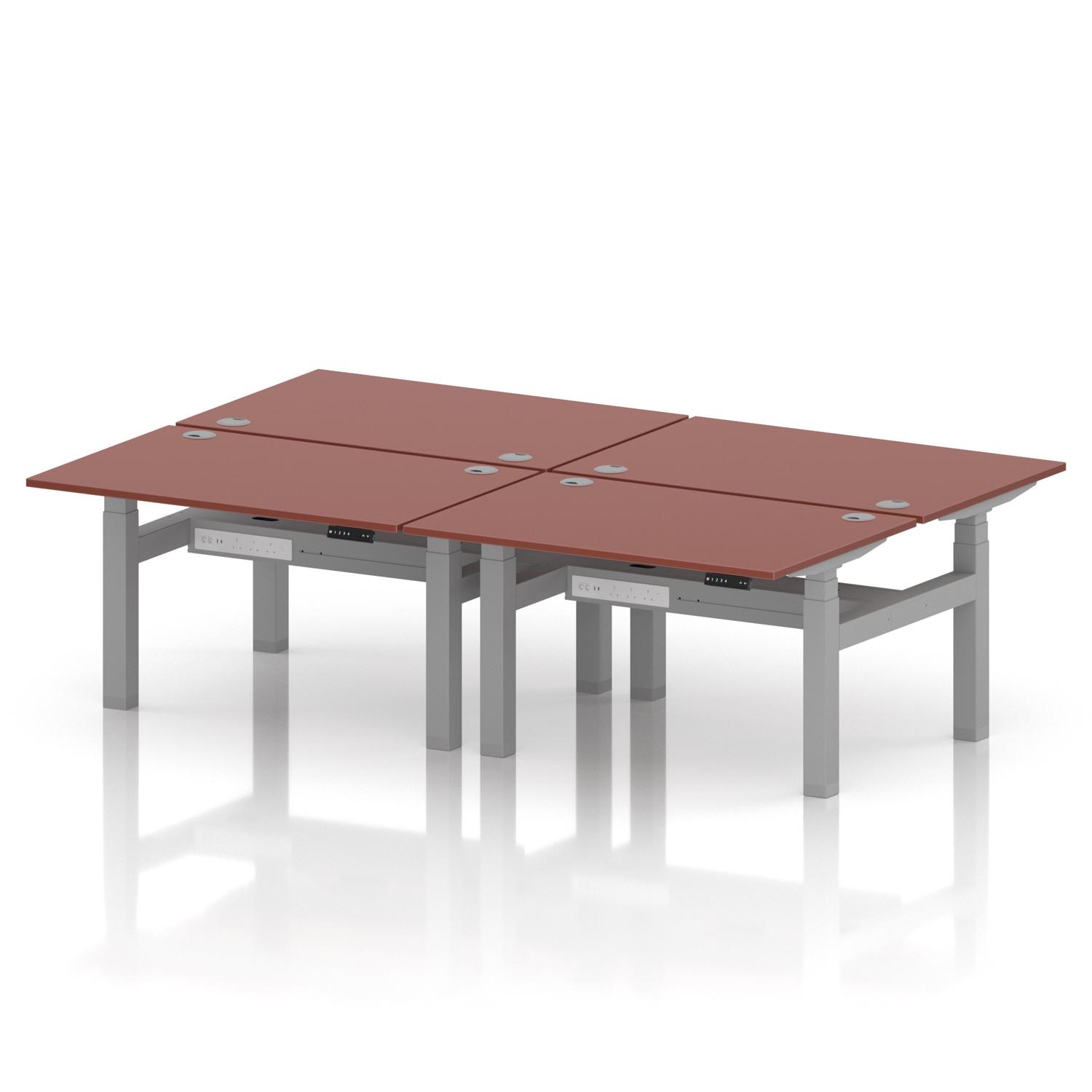 Air Back-to-Back 1200 x 800mm Height Adjustable 4 Person Office Bench Desk Brick Red Top with Cable Ports Silver Frame Air Back-to-Back 1200 x 800mm Height Adjustable 4 Person Office Bench Desk Brick Red Top with Cable Ports Silver Frame