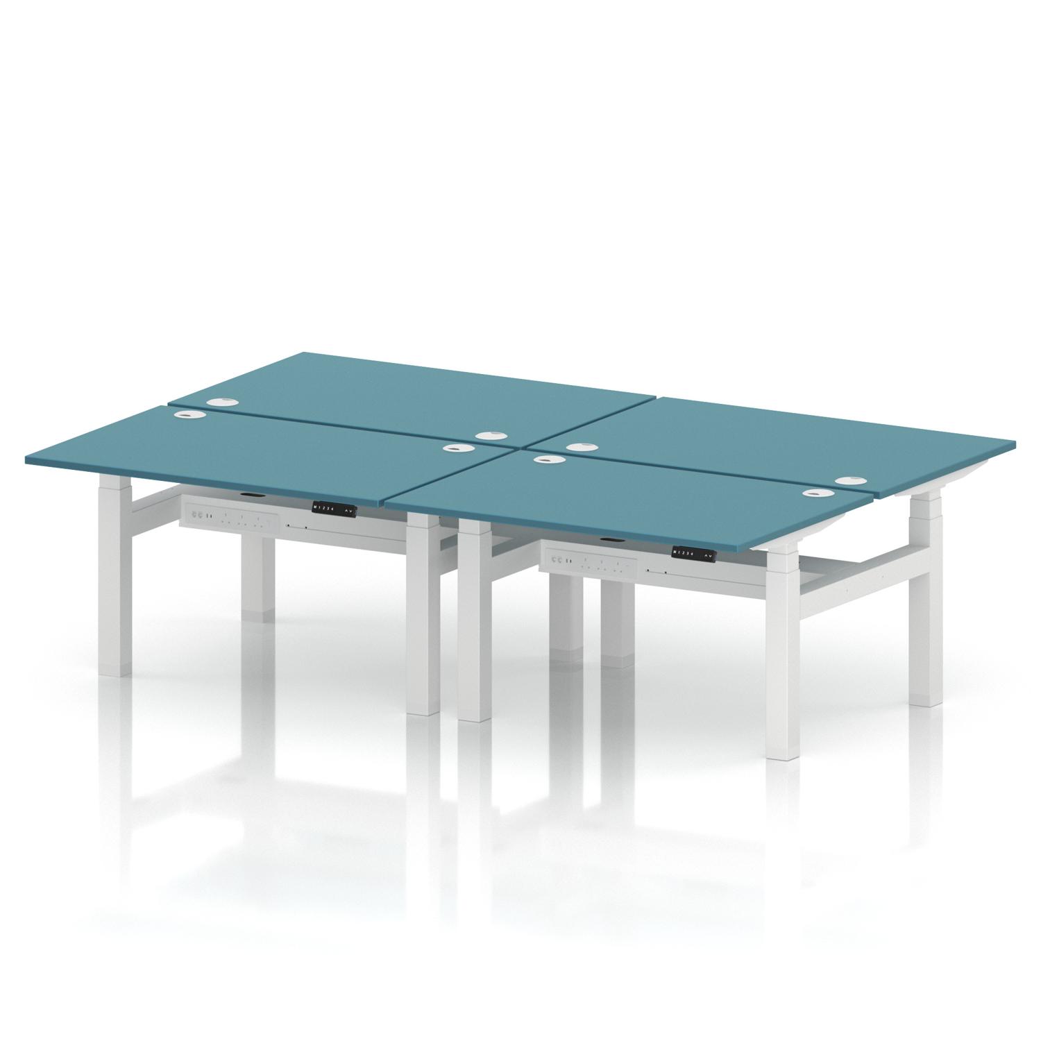 Air Back-to-Back 1200 x 800mm Height Adjustable 4 Person Office Bench Desk Dark Teal Top with Cable Ports White Frame Air Back-to-Back 1200 x 800mm Height Adjustable 4 Person Office Bench Desk Dark Teal Top with Cable Ports White Frame