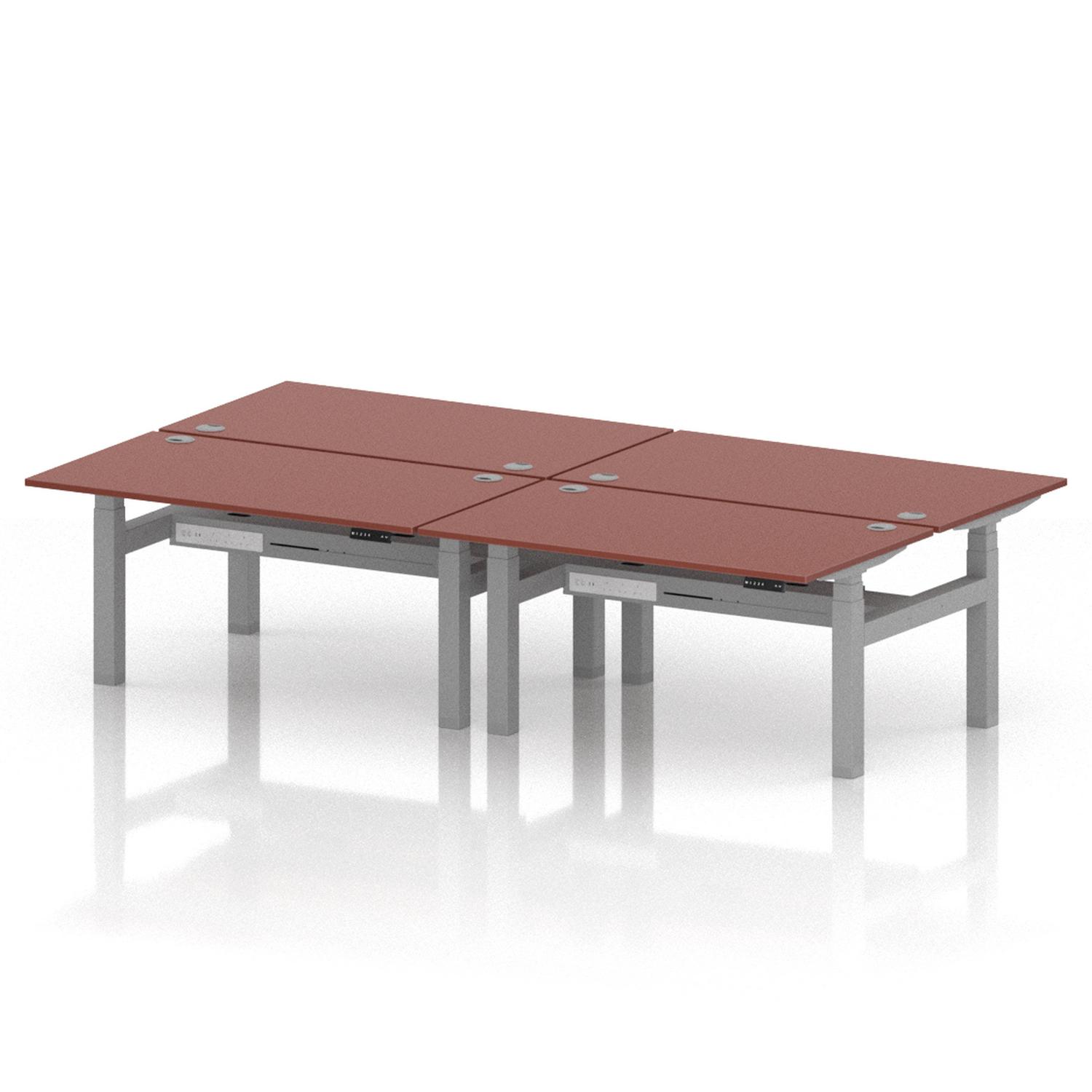 Air Back-to-Back 1400 x 800mm Height Adjustable 4 Person Office Bench Desk Brick Red Top with Cable Ports Silver Frame Air Back-to-Back 1400 x 800mm Height Adjustable 4 Person Office Bench Desk Brick Red Top with Cable Ports Silver Frame