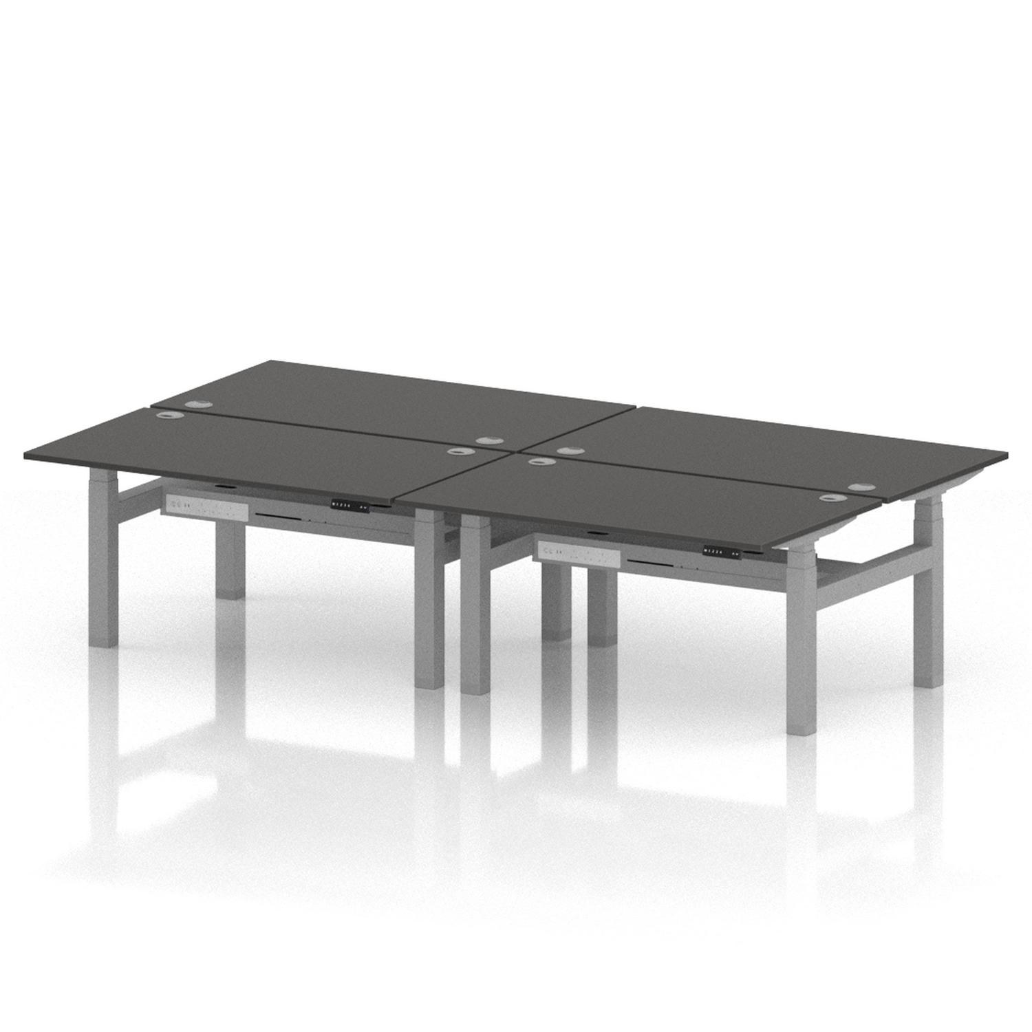 Air Back-to-Back 1400 x 800mm Height Adjustable 4 Person Office Bench Desk Carbon Grey Top with Cable Ports Silver Frame Air Back-to-Back 1400 x 800mm Height Adjustable 4 Person Office Bench Desk Carbon Grey Top with Cable Ports Silver Frame