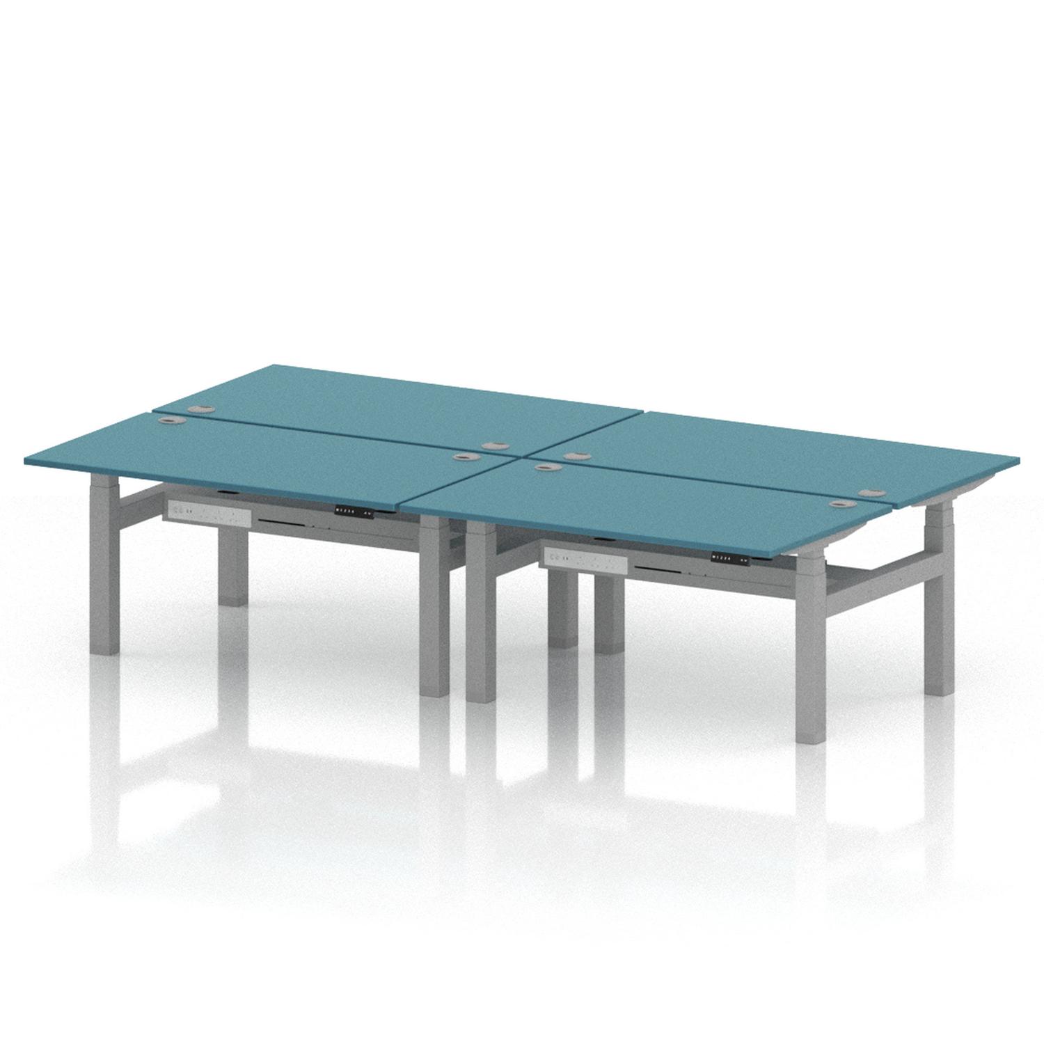 Air Back-to-Back 1400 x 800mm Height Adjustable 4 Person Office Bench Desk Dark Teal Top with Cable Ports Silver Frame Air Back-to-Back 1400 x 800mm Height Adjustable 4 Person Office Bench Desk Dark Teal Top with Cable Ports Silver Frame