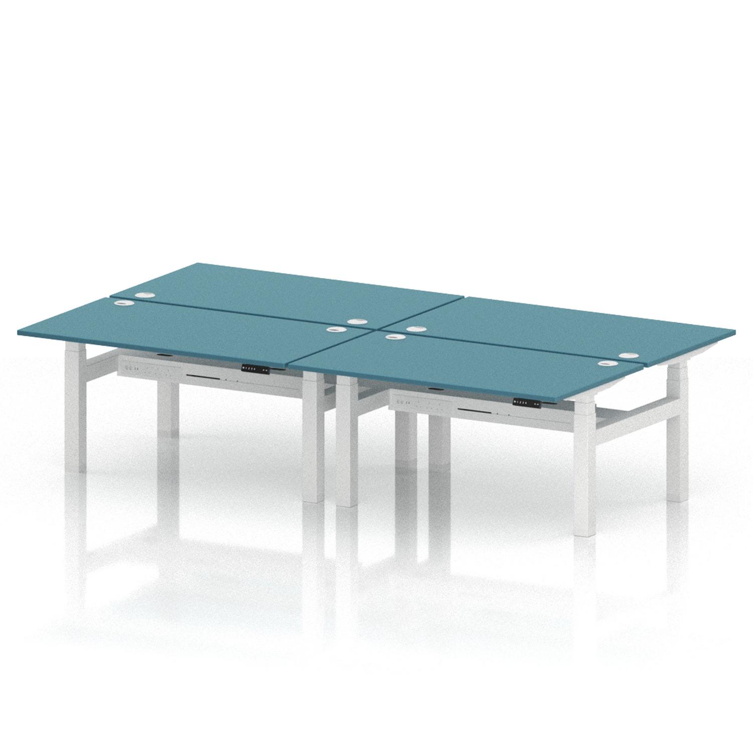 Air Back-to-Back 1400 x 800mm Height Adjustable 4 Person Office Bench Desk Dark Teal Top with Cable Ports White Frame Air Back-to-Back 1400 x 800mm Height Adjustable 4 Person Office Bench Desk Dark Teal Top with Cable Ports White Frame