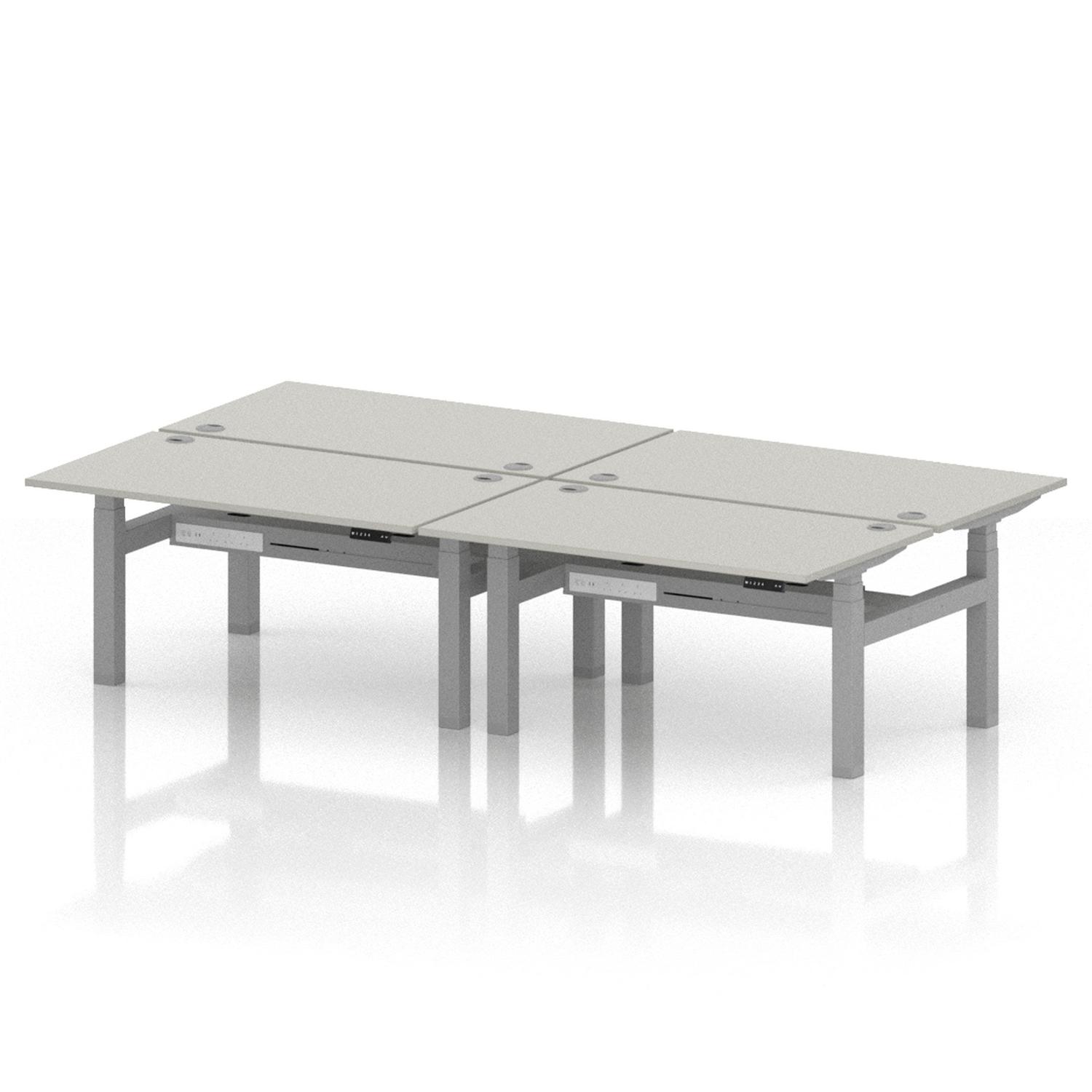 Air Back-to-Back 1400 x 800mm Height Adjustable 4 Person Office Bench Desk Dove Grey Top with Cable Ports Silver Frame Air Back-to-Back 1400 x 800mm Height Adjustable 4 Person Office Bench Desk Dove Grey Top with Cable Ports Silver Frame