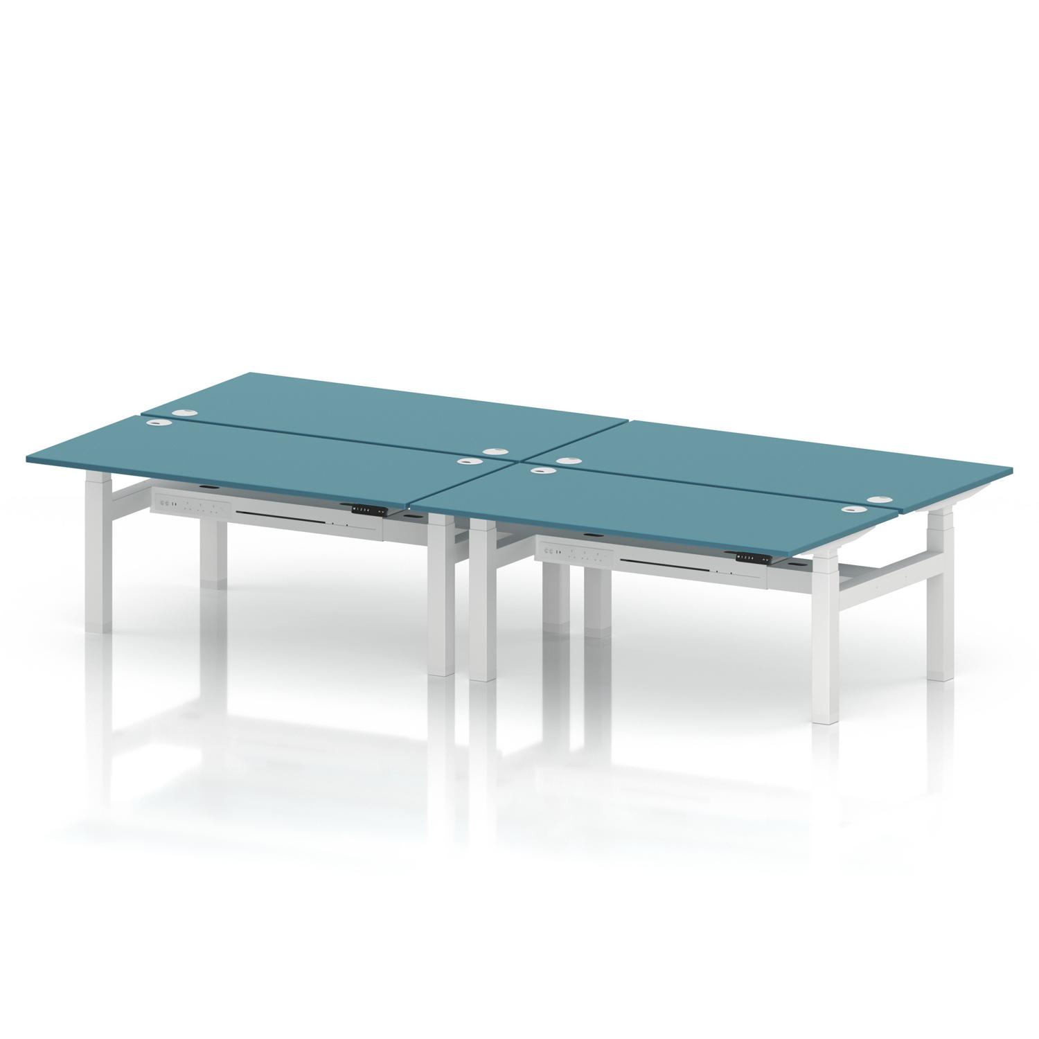 Air Back-to-Back 1600 x 800mm Height Adjustable 4 Person Office Bench Desk Dark Teal Top with Cable Ports White Frame Air Back-to-Back 1600 x 800mm Height Adjustable 4 Person Office Bench Desk Dark Teal Top with Cable Ports White Frame