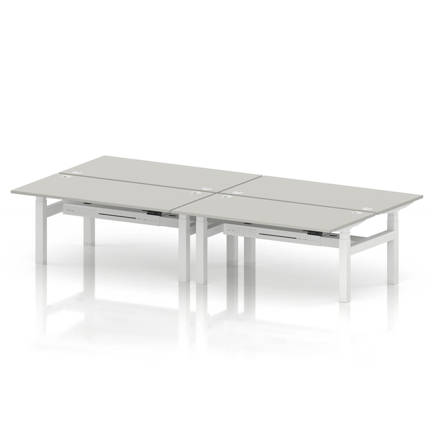 Air Back-to-Back 1600 x 800mm Height Adjustable 4 Person Office Bench Desk Dove Grey Top with Cable Ports White Frame Air Back-to-Back 1600 x 800mm Height Adjustable 4 Person Office Bench Desk Dove Grey Top with Cable Ports White Frame