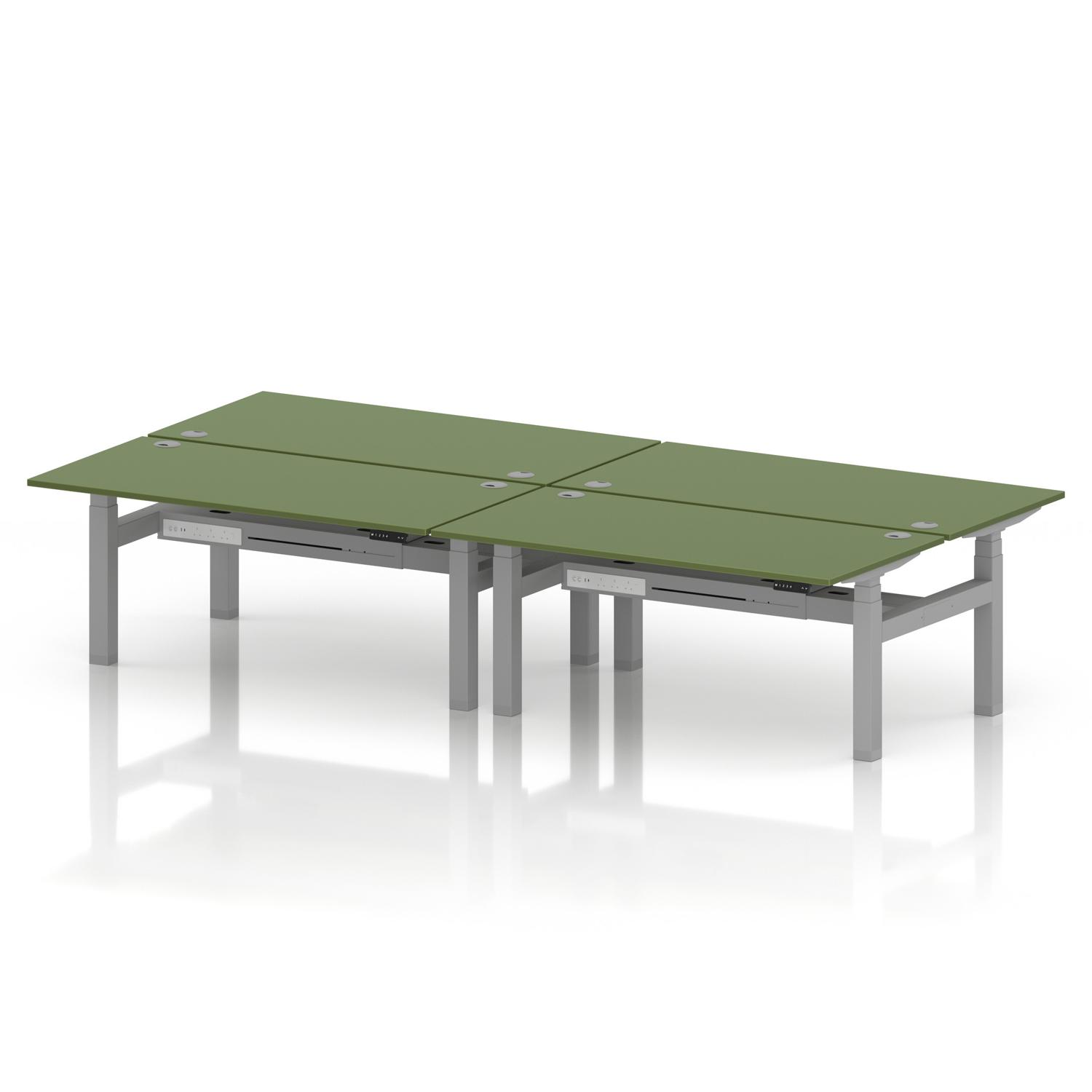 Air Back-to-Back 1600 x 800mm Height Adjustable 4 Person Office Bench Desk Moss Green Top with Cable Ports Silver Frame Air Back-to-Back 1600 x 800mm Height Adjustable 4 Person Office Bench Desk Moss Green Top with Cable Ports Silver Frame