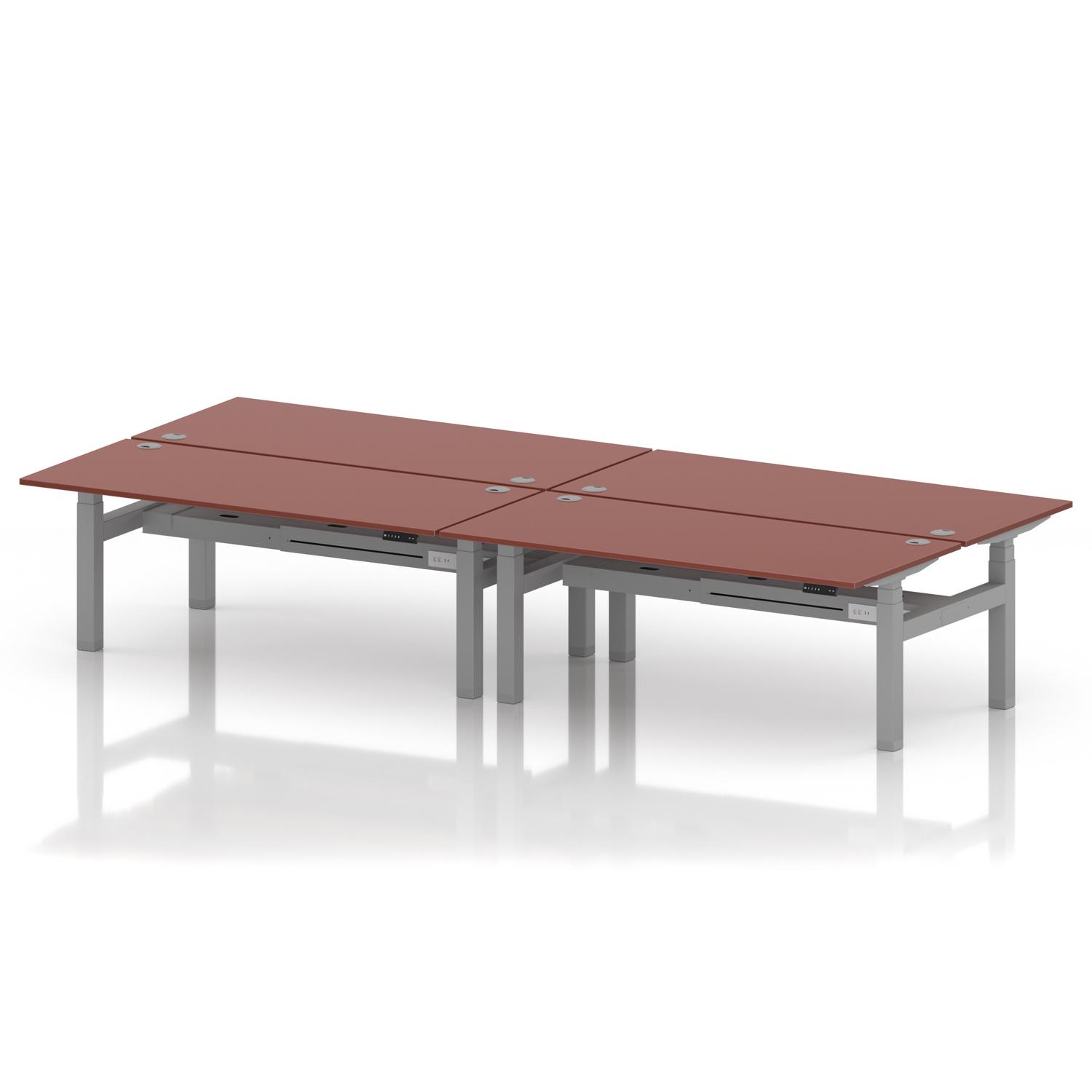 Air Back-to-Back 1800 x 800mm Height Adjustable 4 Person Office Bench Desk Brick Red Top with Cable Ports Silver Frame Air Back-to-Back 1800 x 800mm Height Adjustable 4 Person Office Bench Desk Brick Red Top with Cable Ports Silver Frame