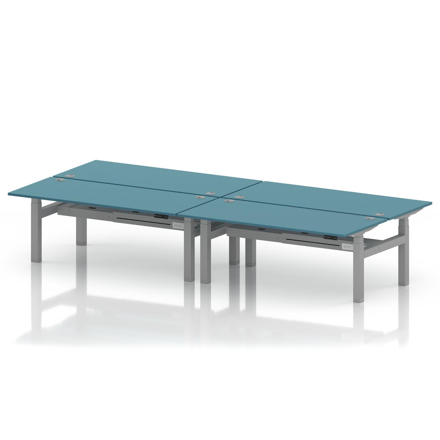 Air Back-to-Back 1800 x 800mm Height Adjustable 4 Person Office Bench Desk Dark Teal Top with Cable Ports Silver Frame Air Back-to-Back 1800 x 800mm Height Adjustable 4 Person Office Bench Desk Dark Teal Top with Cable Ports Silver Frame