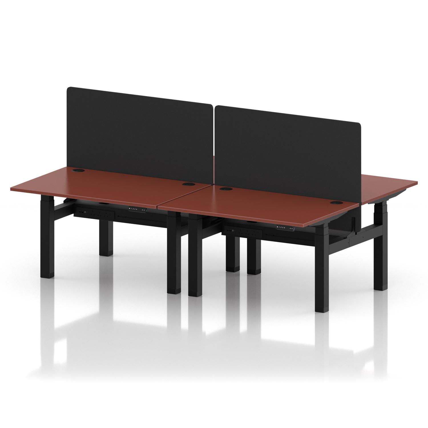 Air Back-to-Back 1200 x 800mm Height Adjustable 4 Person Office Bench Desk Brick Red Top with Cable Ports Black Frame with Black Straight Screen Air Back-to-Back 1200 x 800mm Height Adjustable 4 Person Office Bench Desk Brick Red Top with Cable Ports Black Frame with Black Straight Screen