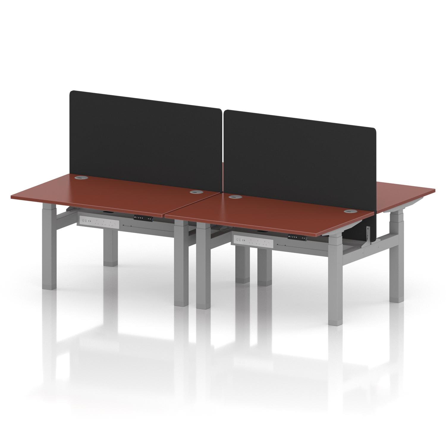 Air Back-to-Back 1200 x 800mm Height Adjustable 4 Person Office Bench Desk Brick Red Top with Cable Ports Silver Frame with Black Straight Screen Air Back-to-Back 1200 x 800mm Height Adjustable 4 Person Office Bench Desk Brick Red Top with Cable Ports Silver Frame with Black Straight Screen