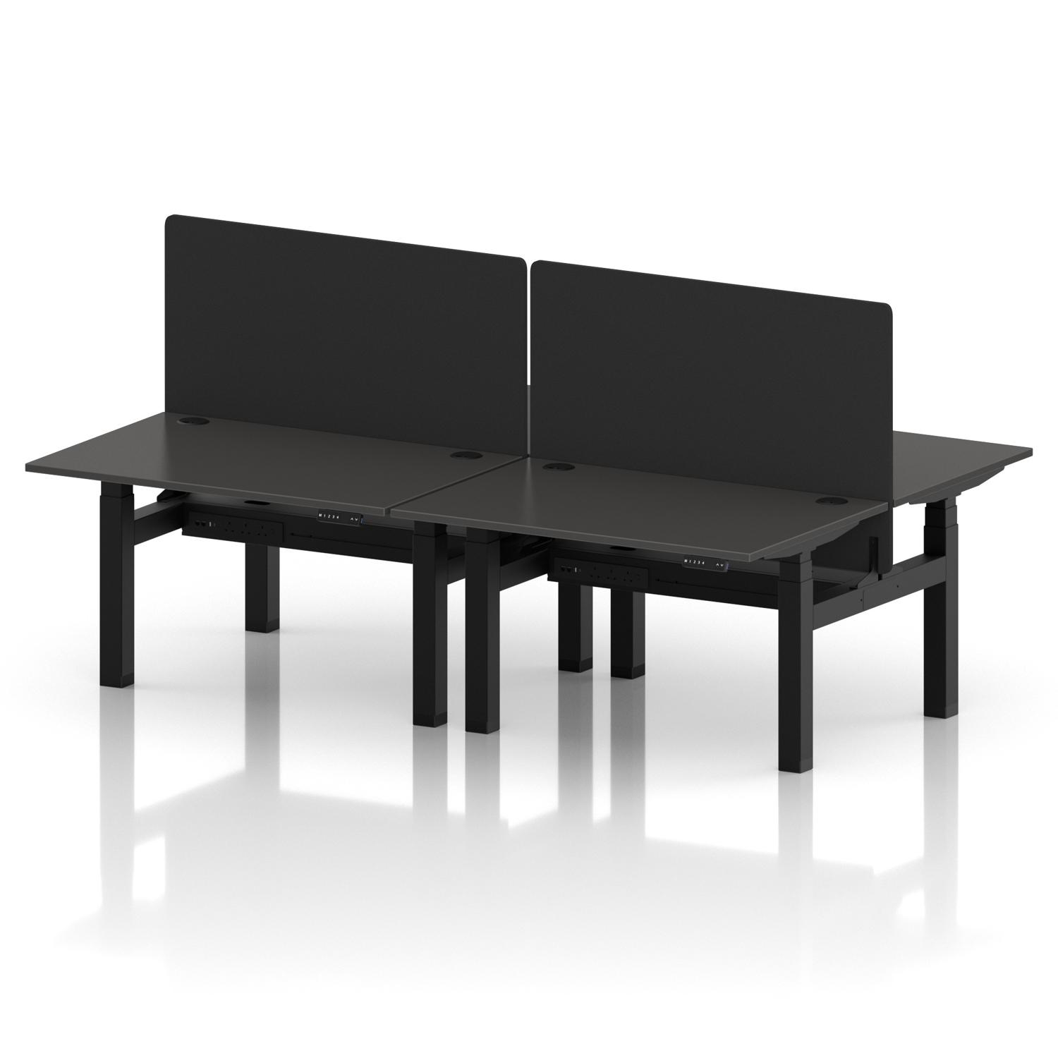 Air Back-to-Back 1200 x 800mm Height Adjustable 4 Person Office Bench Desk Carbon Grey Top with Cable Ports Black Frame with Black Straight Screen Air Back-to-Back 1200 x 800mm Height Adjustable 4 Person Office Bench Desk Carbon Grey Top with Cable Ports Black Frame with Black Straight Screen