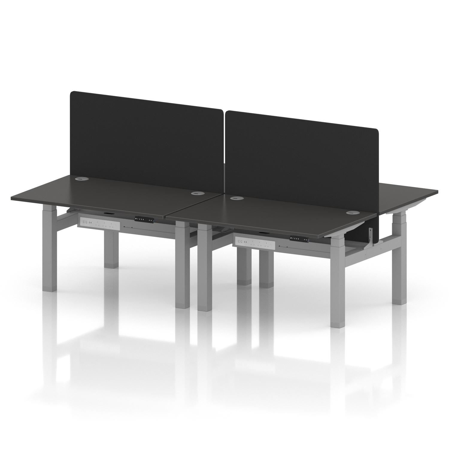 Air Back-to-Back 1200 x 800mm Height Adjustable 4 Person Office Bench Desk Carbon Grey Top with Cable Ports Silver Frame with Black Straight Screen Air Back-to-Back 1200 x 800mm Height Adjustable 4 Person Office Bench Desk Carbon Grey Top with Cable Ports Silver Frame with Black Straight Screen
