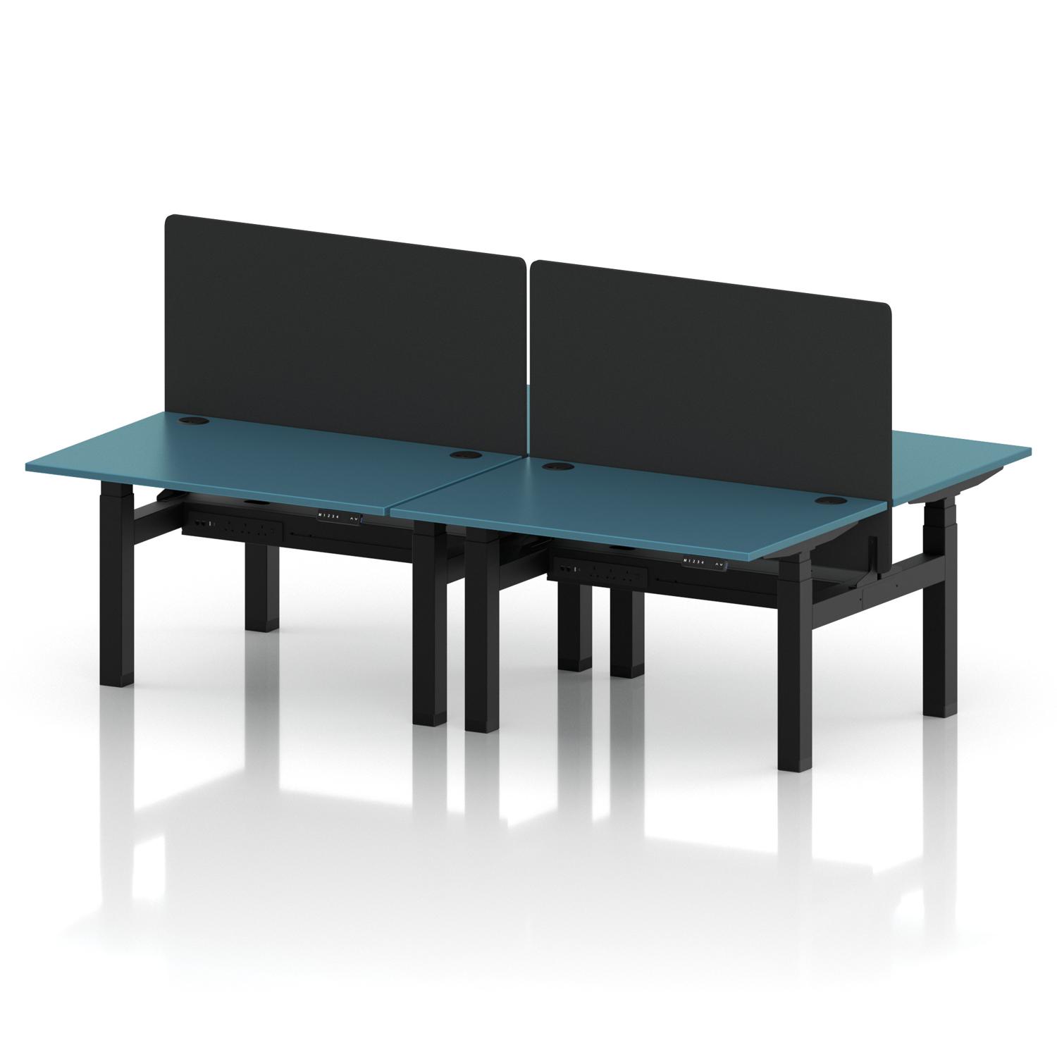 Air Back-to-Back 1200 x 800mm Height Adjustable 4 Person Office Bench Desk Dark Teal Top with Cable Ports Black Frame with Black Straight Screen Air Back-to-Back 1200 x 800mm Height Adjustable 4 Person Office Bench Desk Dark Teal Top with Cable Ports Black Frame with Black Straight Screen