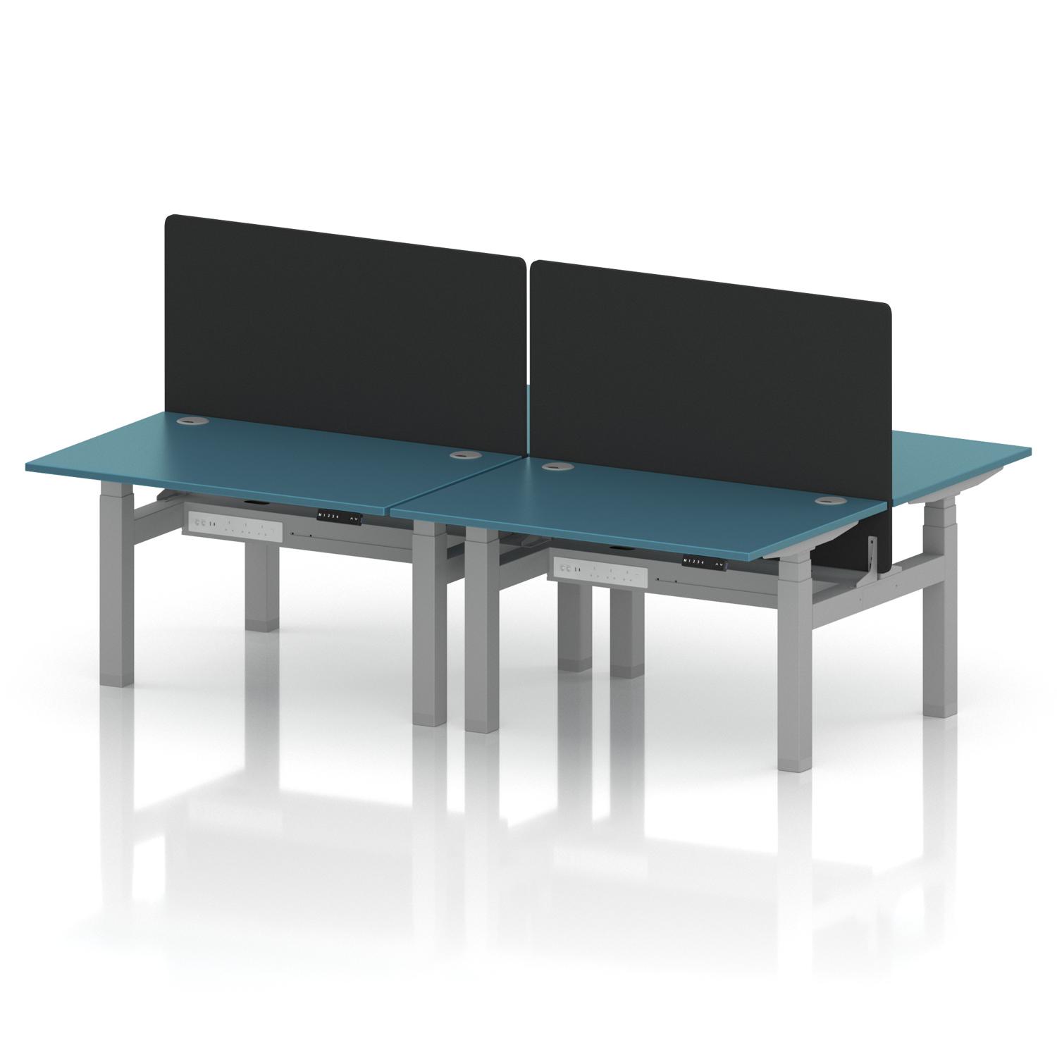 Air Back-to-Back 1200 x 800mm Height Adjustable 4 Person Office Bench Desk Dark Teal Top with Cable Ports Silver Frame with Black Straight Screen