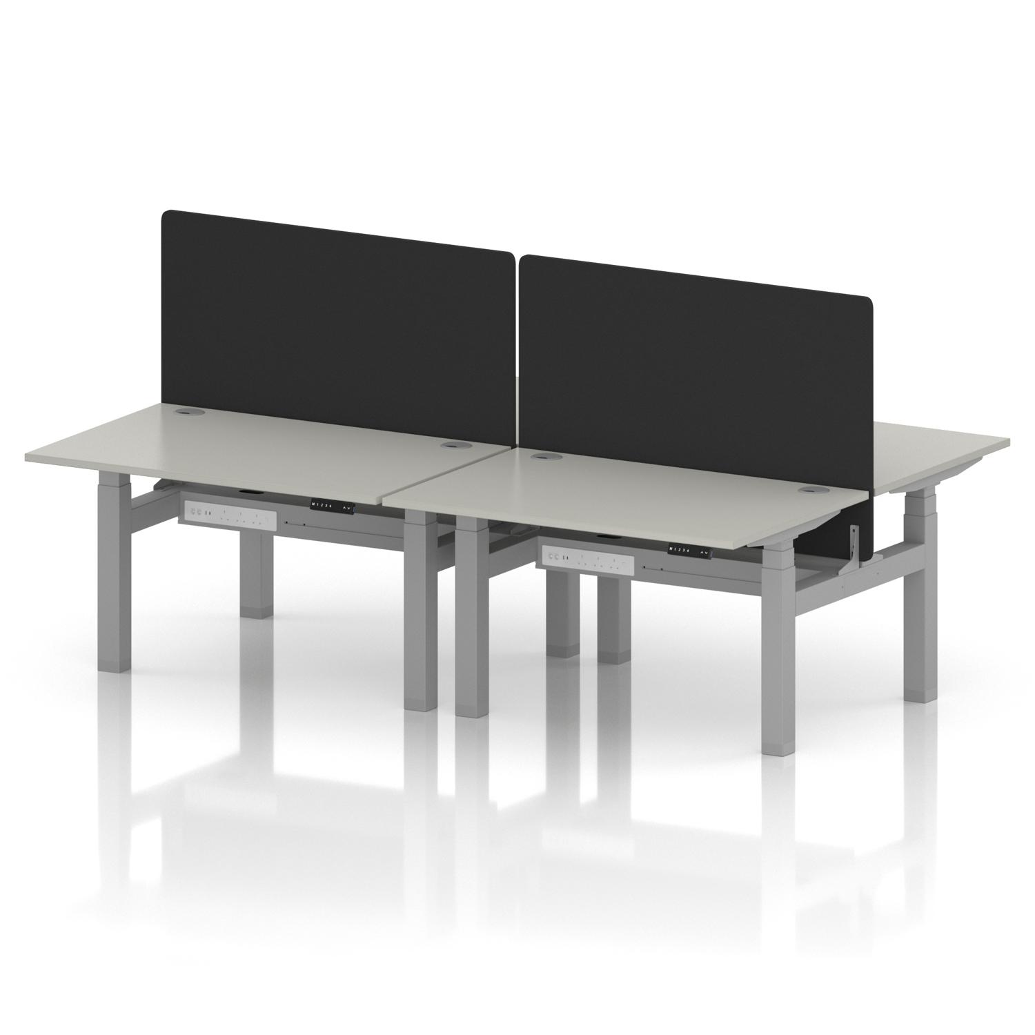 Air Back-to-Back 1200 x 800mm Height Adjustable 4 Person Office Bench Desk Dove Grey Top with Cable Ports Silver Frame with Black Straight Screen Air Back-to-Back 1200 x 800mm Height Adjustable 4 Person Office Bench Desk Dove Grey Top with Cable Ports Silver Frame with Black Straight Screen