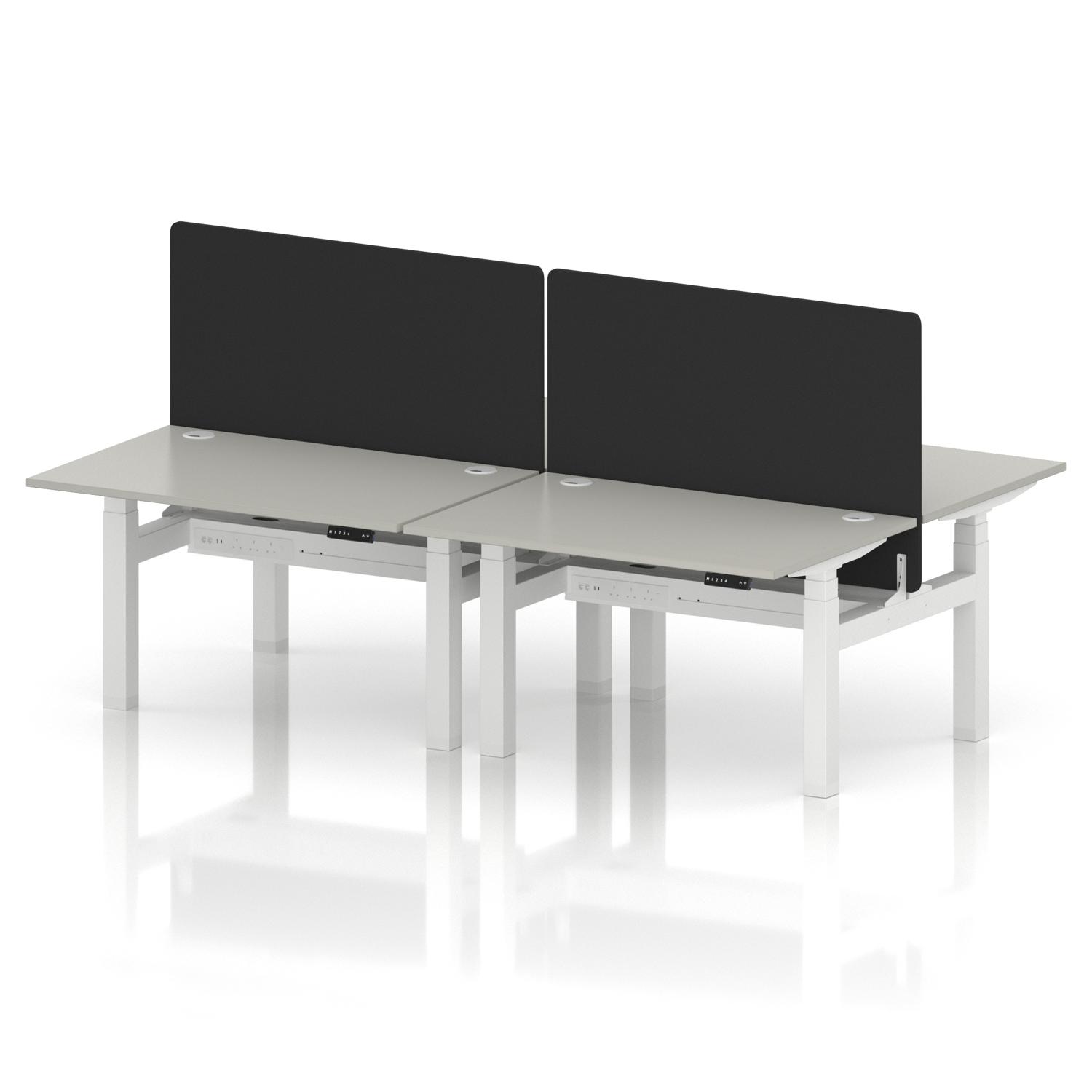 Air Back-to-Back 1200 x 800mm Height Adjustable 4 Person Office Bench Desk Dove Grey Top with Cable Ports White Frame with Black Straight Screen Air Back-to-Back 1200 x 800mm Height Adjustable 4 Person Office Bench Desk Dove Grey Top with Cable Ports White Frame with Black Straight Screen