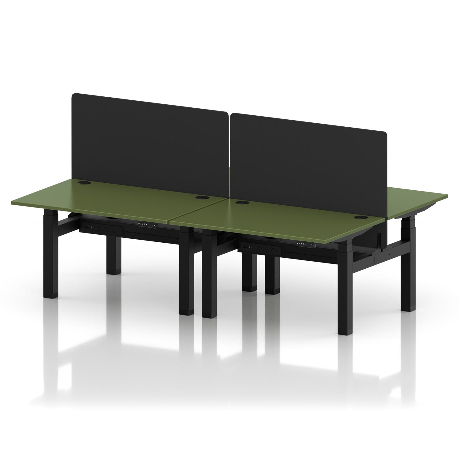 Air Back-to-Back 1200 x 800mm Height Adjustable 4 Person Office Bench Desk Moss Green Top with Cable Ports Black Frame with Black Straight Screen Air Back-to-Back 1200 x 800mm Height Adjustable 4 Person Office Bench Desk Moss Green Top with Cable Ports Black Frame with Black Straight Screen