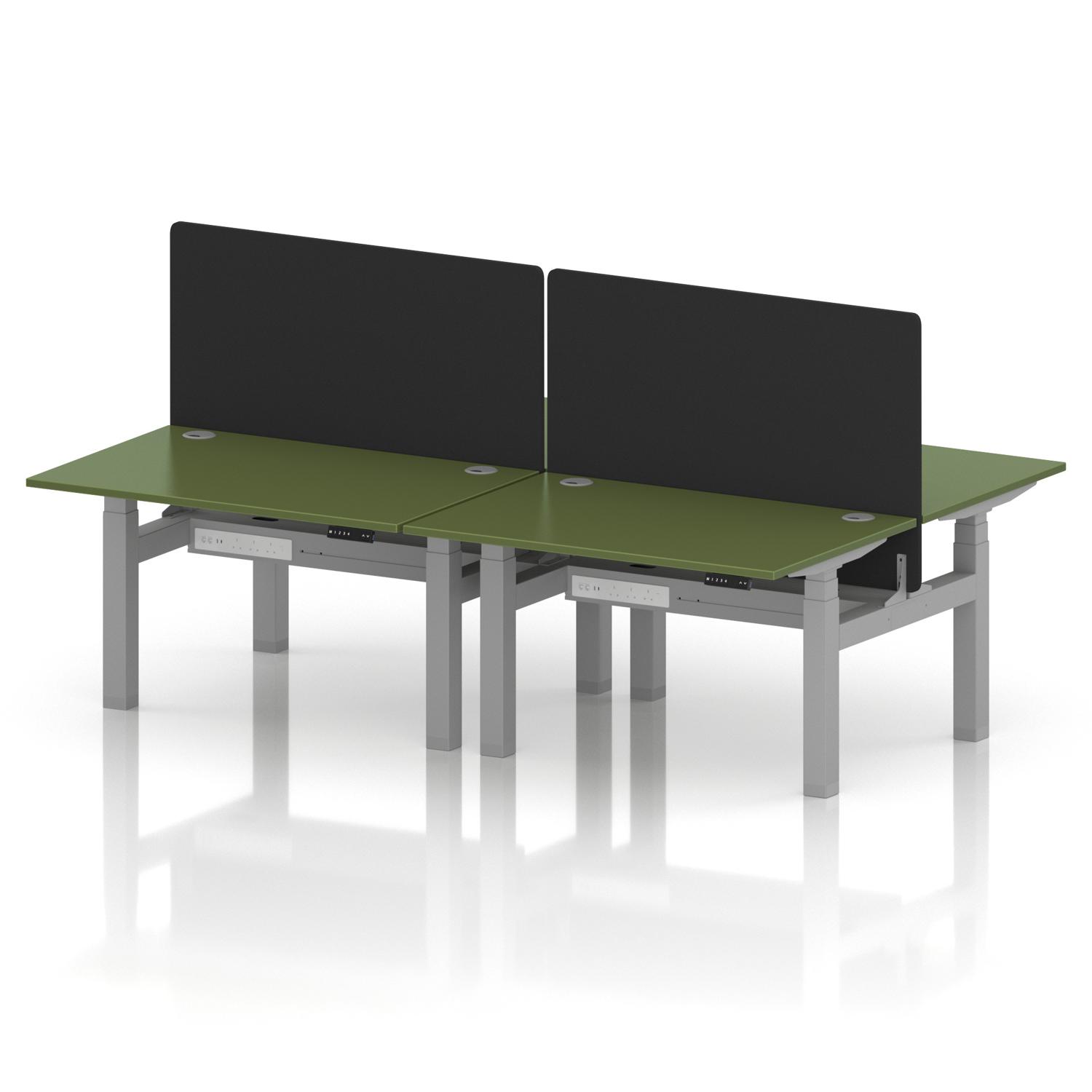 Air Back-to-Back 1200 x 800mm Height Adjustable 4 Person Office Bench Desk Moss Green Top with Cable Ports Silver Frame with Black Straight Screen
