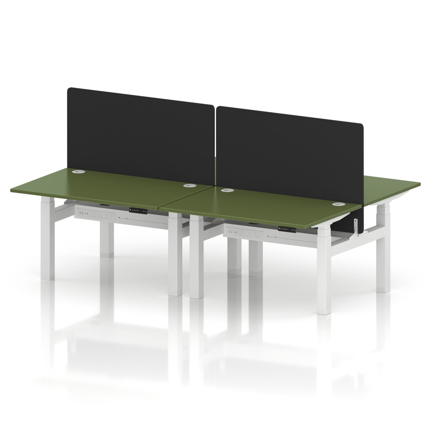 Air Back-to-Back 1200 x 800mm Height Adjustable 4 Person Office Bench Desk Moss Green Top with Cable Ports White Frame with Black Straight Screen Air Back-to-Back 1200 x 800mm Height Adjustable 4 Person Office Bench Desk Moss Green Top with Cable Ports White Frame with Black Straight Screen