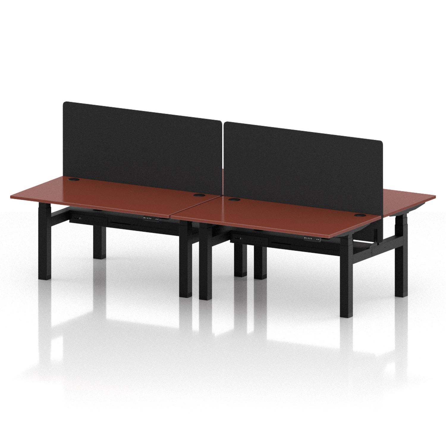 Air Back-to-Back 1400 x 800mm Height Adjustable 4 Person Office Bench Desk Brick Red Top with Cable Ports Black Frame with Black Straight Screen Air Back-to-Back 1400 x 800mm Height Adjustable 4 Person Office Bench Desk Brick Red Top with Cable Ports Black Frame with Black Straight Screen
