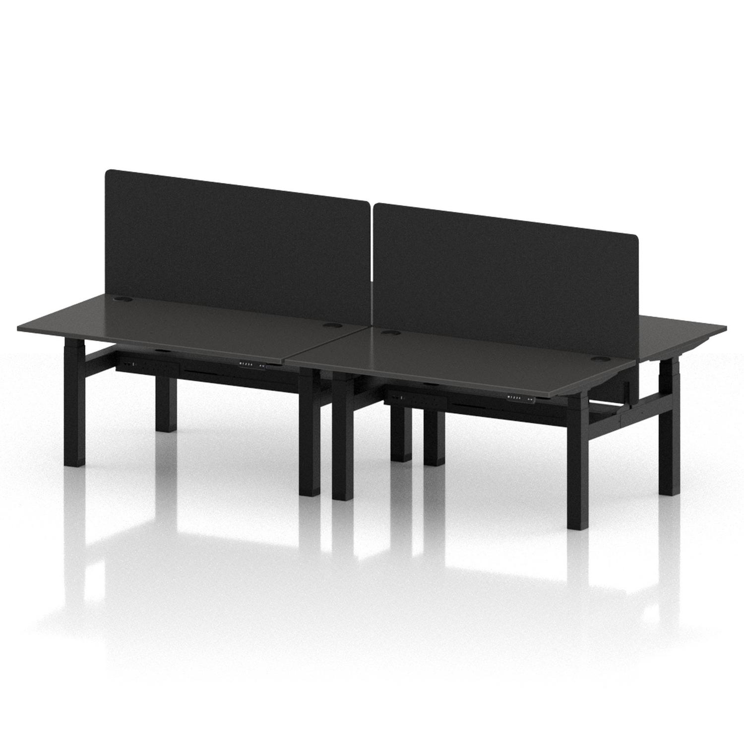 Air Back-to-Back 1400 x 800mm Height Adjustable 4 Person Office Bench Desk Carbon Grey Top with Cable Ports Black Frame with Black Straight Screen Air Back-to-Back 1400 x 800mm Height Adjustable 4 Person Office Bench Desk Carbon Grey Top with Cable Ports Black Frame with Black Straight Screen