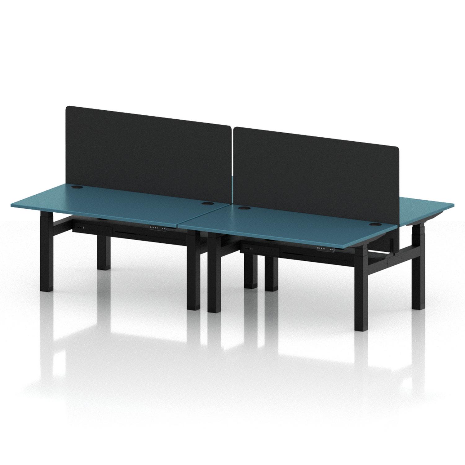 Air Back-to-Back 1400 x 800mm Height Adjustable 4 Person Office Bench Desk Dark Teal Top with Cable Ports Black Frame with Black Straight Screen Air Back-to-Back 1400 x 800mm Height Adjustable 4 Person Office Bench Desk Dark Teal Top with Cable Ports Black Frame with Black Straight Screen
