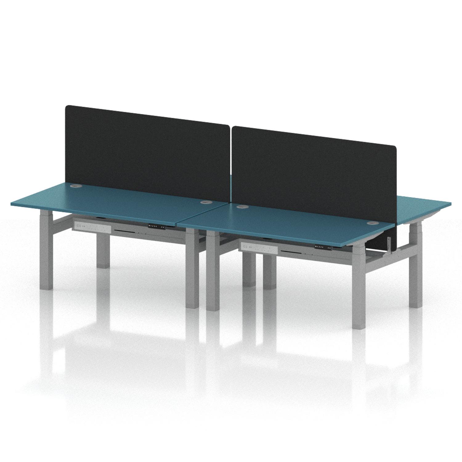 Air Back-to-Back 1400 x 800mm Height Adjustable 4 Person Office Bench Desk Dark Teal Top with Cable Ports Silver Frame with Black Straight Screen Air Back-to-Back 1400 x 800mm Height Adjustable 4 Person Office Bench Desk Dark Teal Top with Cable Ports Silver Frame with Black Straight Screen