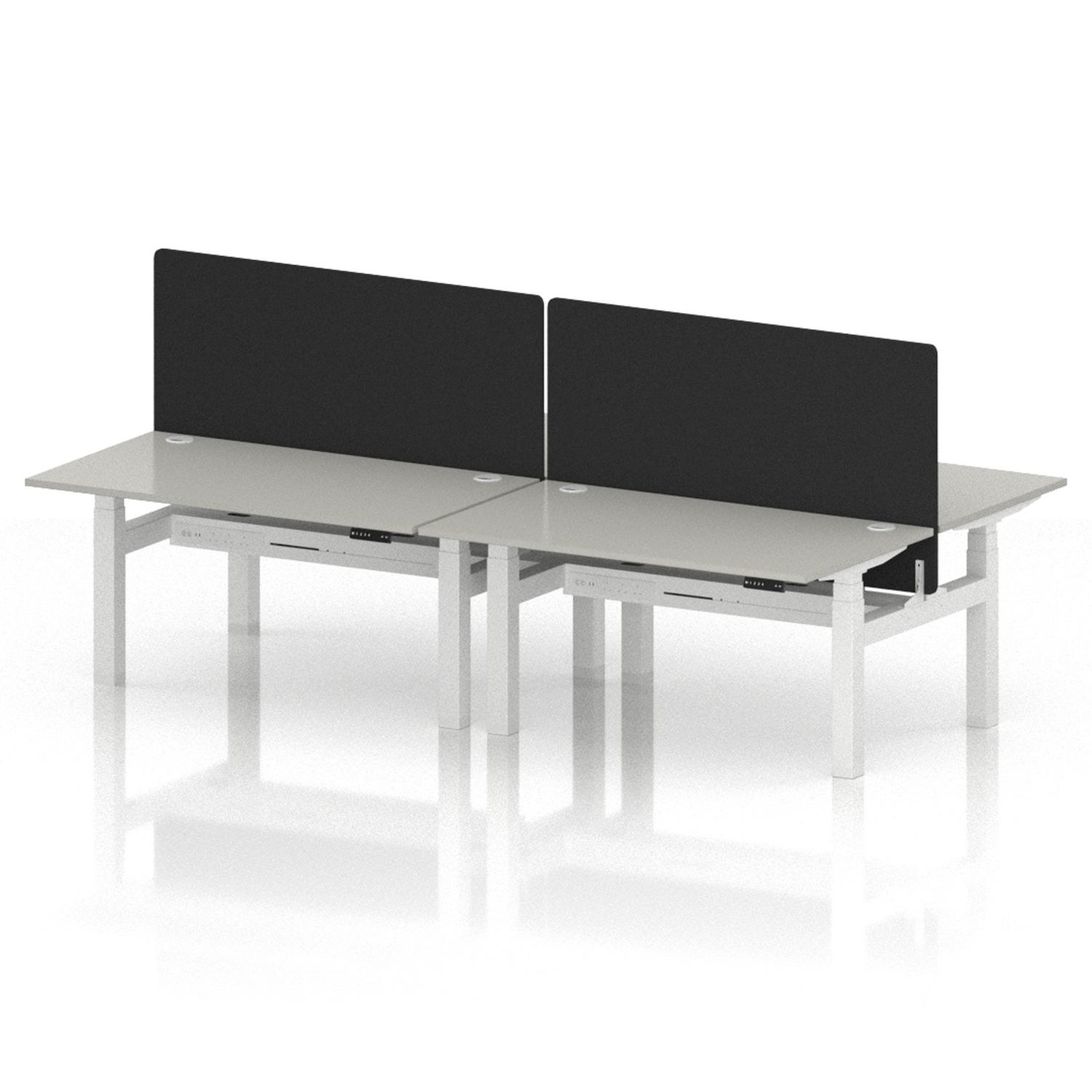 Air Back-to-Back 1400 x 800mm Height Adjustable 4 Person Office Bench Desk Dove Grey Top with Cable Ports White Frame with Black Straight Screen Air Back-to-Back 1400 x 800mm Height Adjustable 4 Person Office Bench Desk Dove Grey Top with Cable Ports White Frame with Black Straight Screen