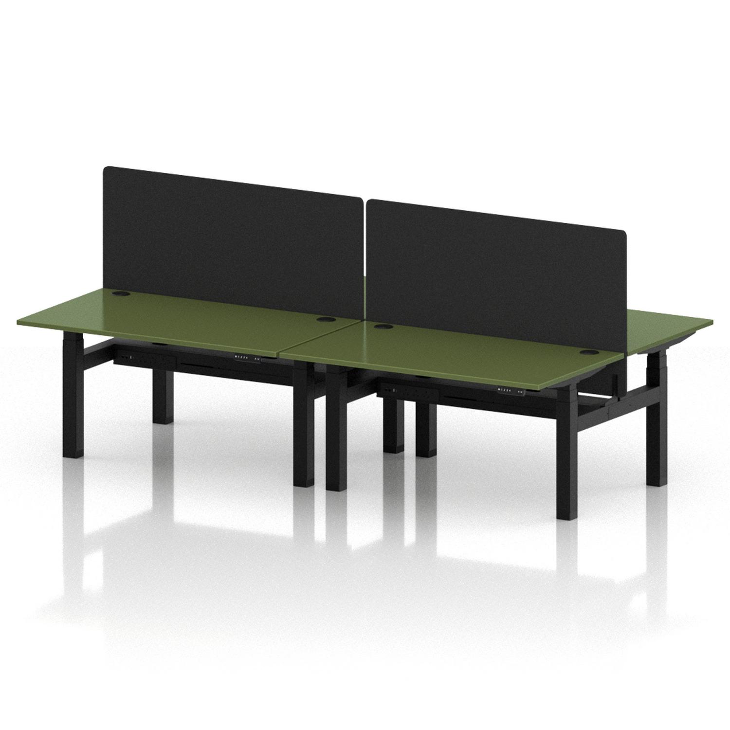Air Back-to-Back 1400 x 800mm Height Adjustable 4 Person Office Bench Desk Moss Green Top with Cable Ports Black Frame with Black Straight Screen