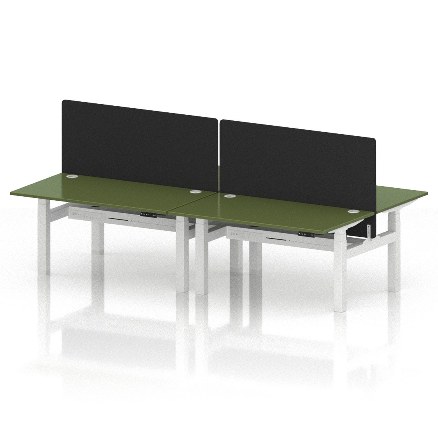 Air Back-to-Back 1400 x 800mm Height Adjustable 4 Person Office Bench Desk Moss Green Top with Cable Ports White Frame with Black Straight Screen Air Back-to-Back 1400 x 800mm Height Adjustable 4 Person Office Bench Desk Moss Green Top with Cable Ports White Frame with Black Straight Screen
