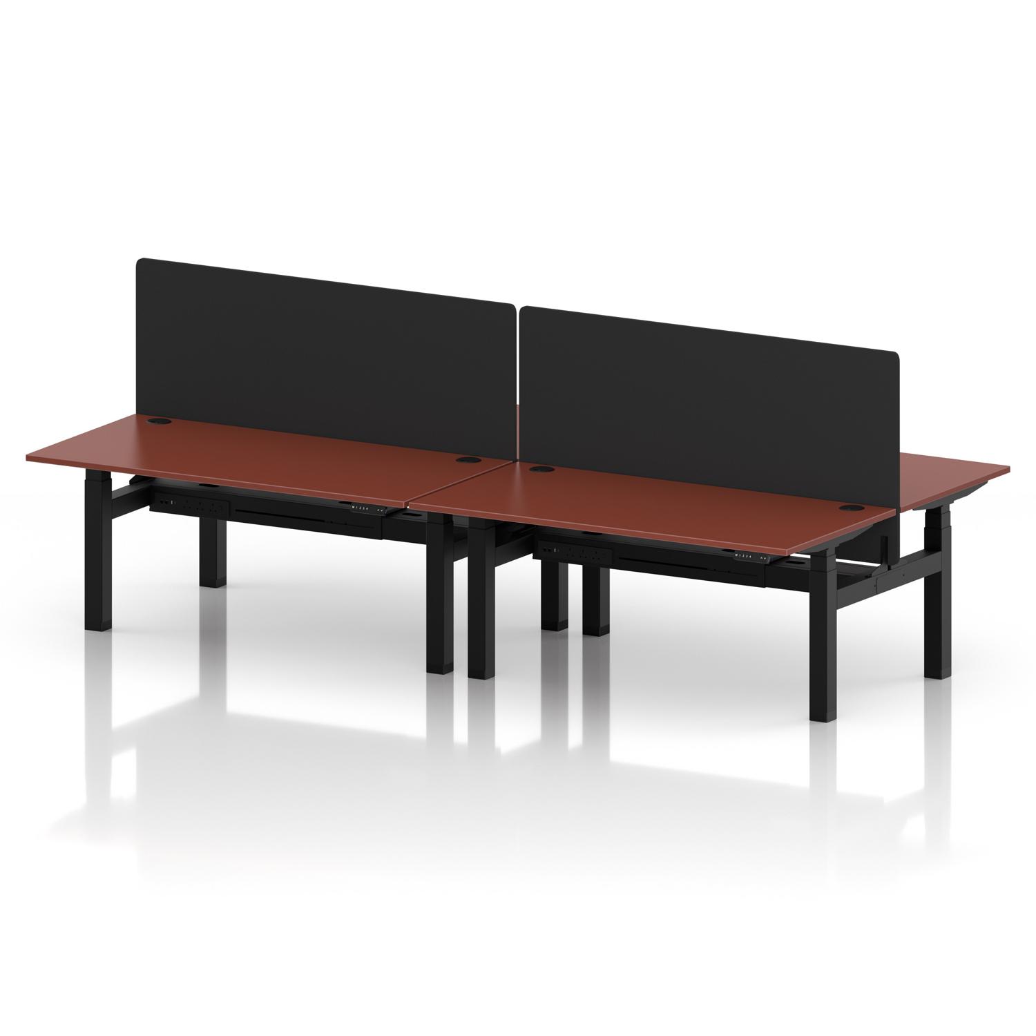 Air Back-to-Back 1600 x 800mm Height Adjustable 4 Person Office Bench Desk Brick Red Top with Cable Ports Black Frame with Black Straight Screen