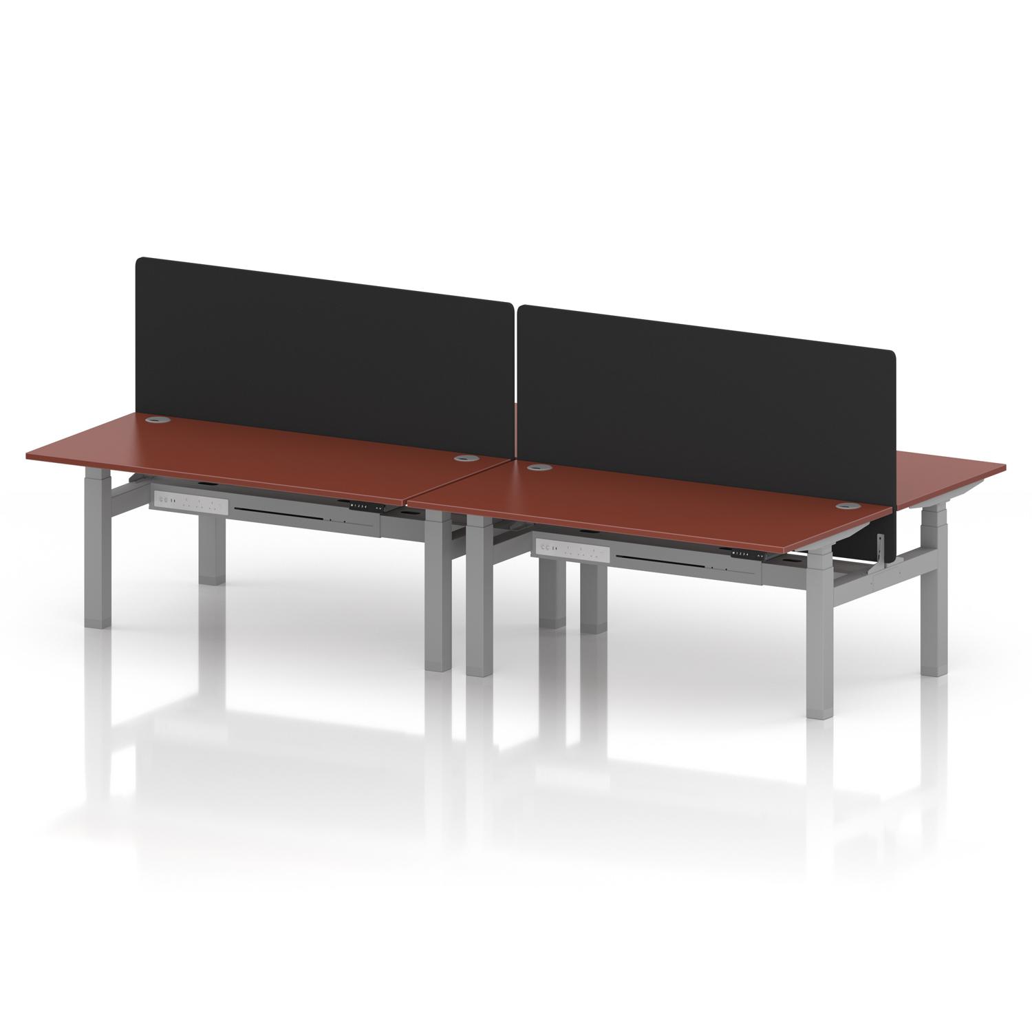 Air Back-to-Back 1600 x 800mm Height Adjustable 4 Person Office Bench Desk Brick Red Top with Cable Ports Silver Frame with Black Straight Screen Air Back-to-Back 1600 x 800mm Height Adjustable 4 Person Office Bench Desk Brick Red Top with Cable Ports Silver Frame with Black Straight Screen