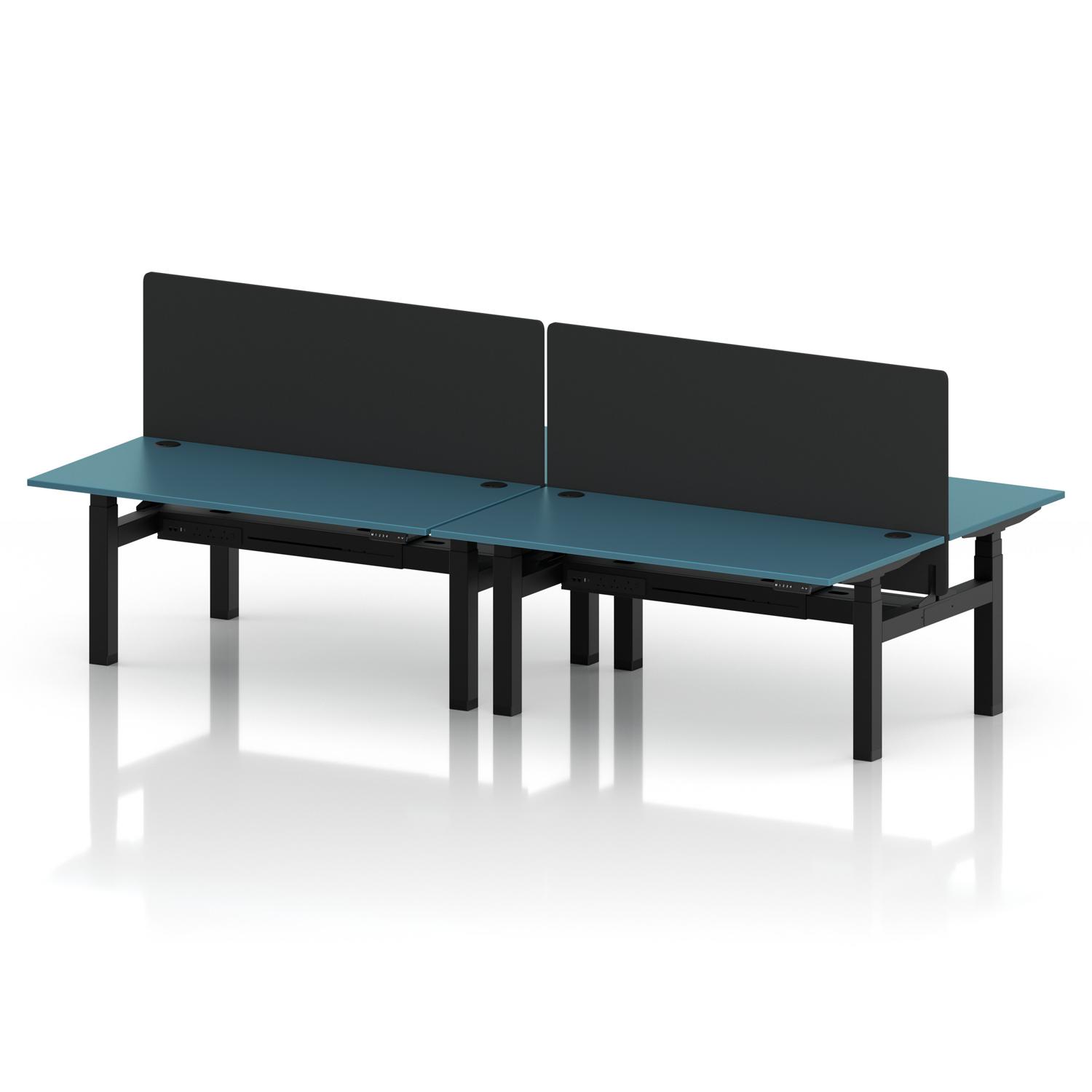 Air Back-to-Back 1600 x 800mm Height Adjustable 4 Person Office Bench Desk Dark Teal Top with Cable Ports Black Frame with Black Straight Screen Air Back-to-Back 1600 x 800mm Height Adjustable 4 Person Office Bench Desk Dark Teal Top with Cable Ports Black Frame with Black Straight Screen