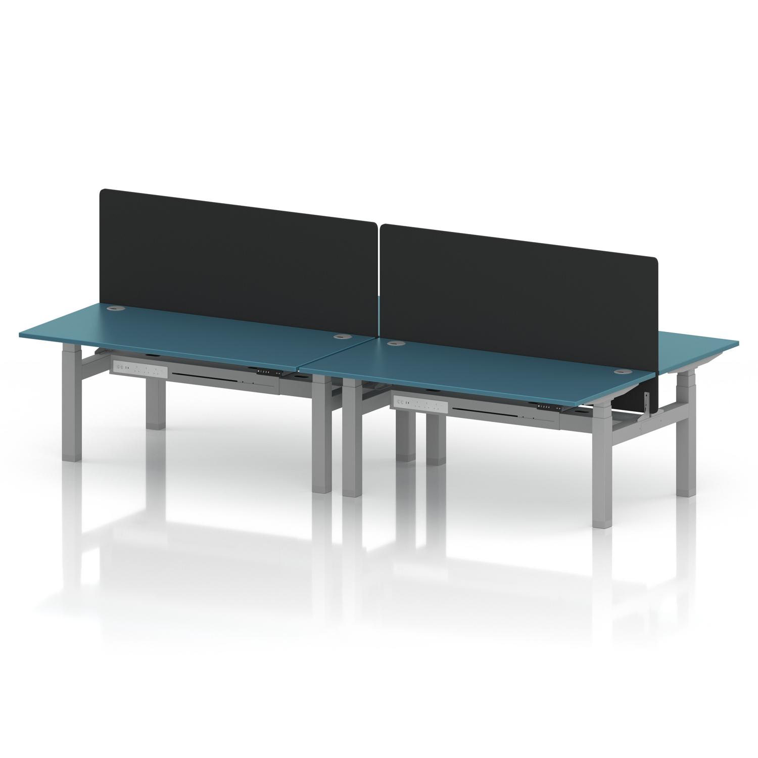Air Back-to-Back 1600 x 800mm Height Adjustable 4 Person Office Bench Desk Dark Teal Top with Cable Ports Silver Frame with Black Straight Screen Air Back-to-Back 1600 x 800mm Height Adjustable 4 Person Office Bench Desk Dark Teal Top with Cable Ports Silver Frame with Black Straight Screen