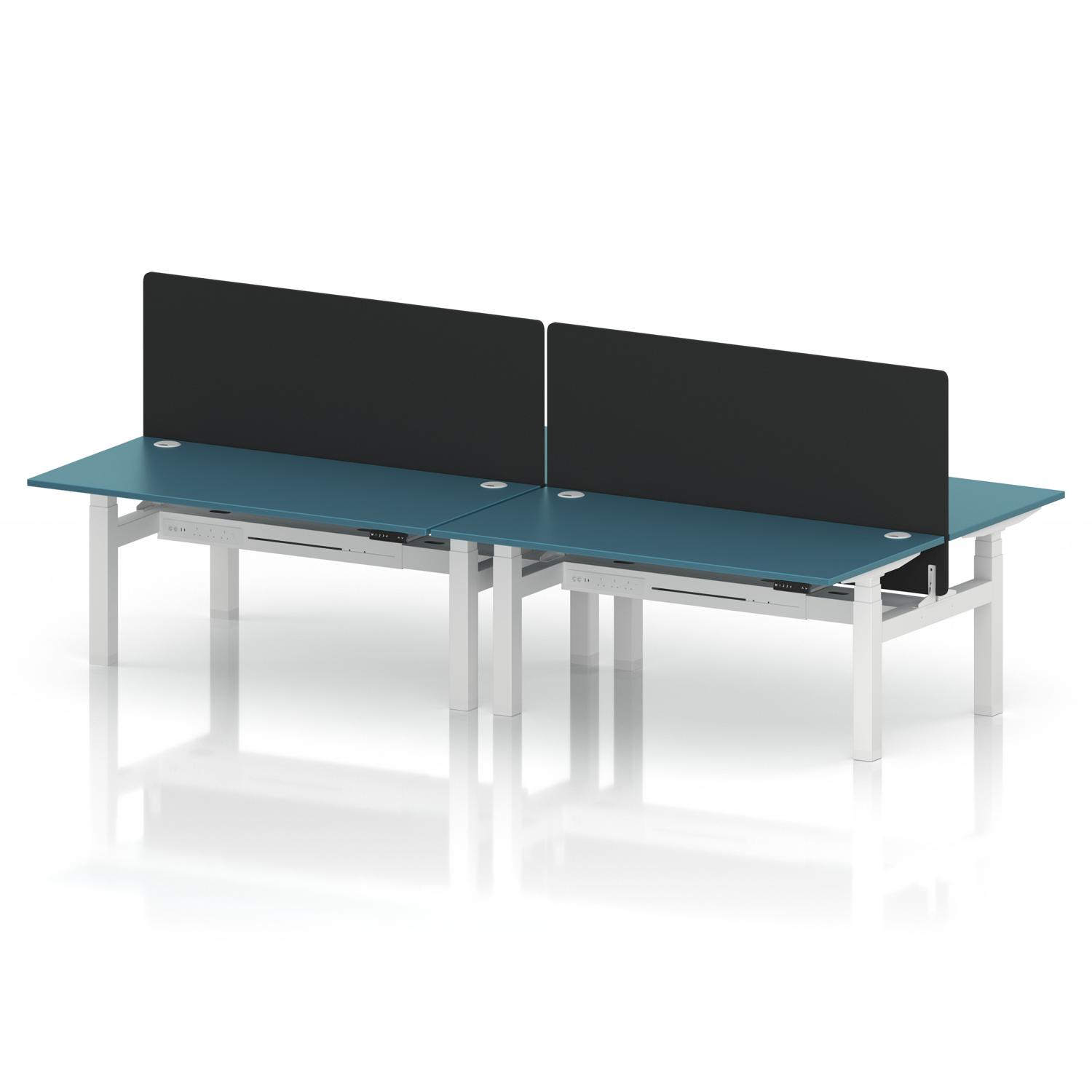 Air Back-to-Back 1600 x 800mm Height Adjustable 4 Person Office Bench Desk Dark Teal Top with Cable Ports White Frame with Black Straight Screen Air Back-to-Back 1600 x 800mm Height Adjustable 4 Person Office Bench Desk Dark Teal Top with Cable Ports White Frame with Black Straight Screen