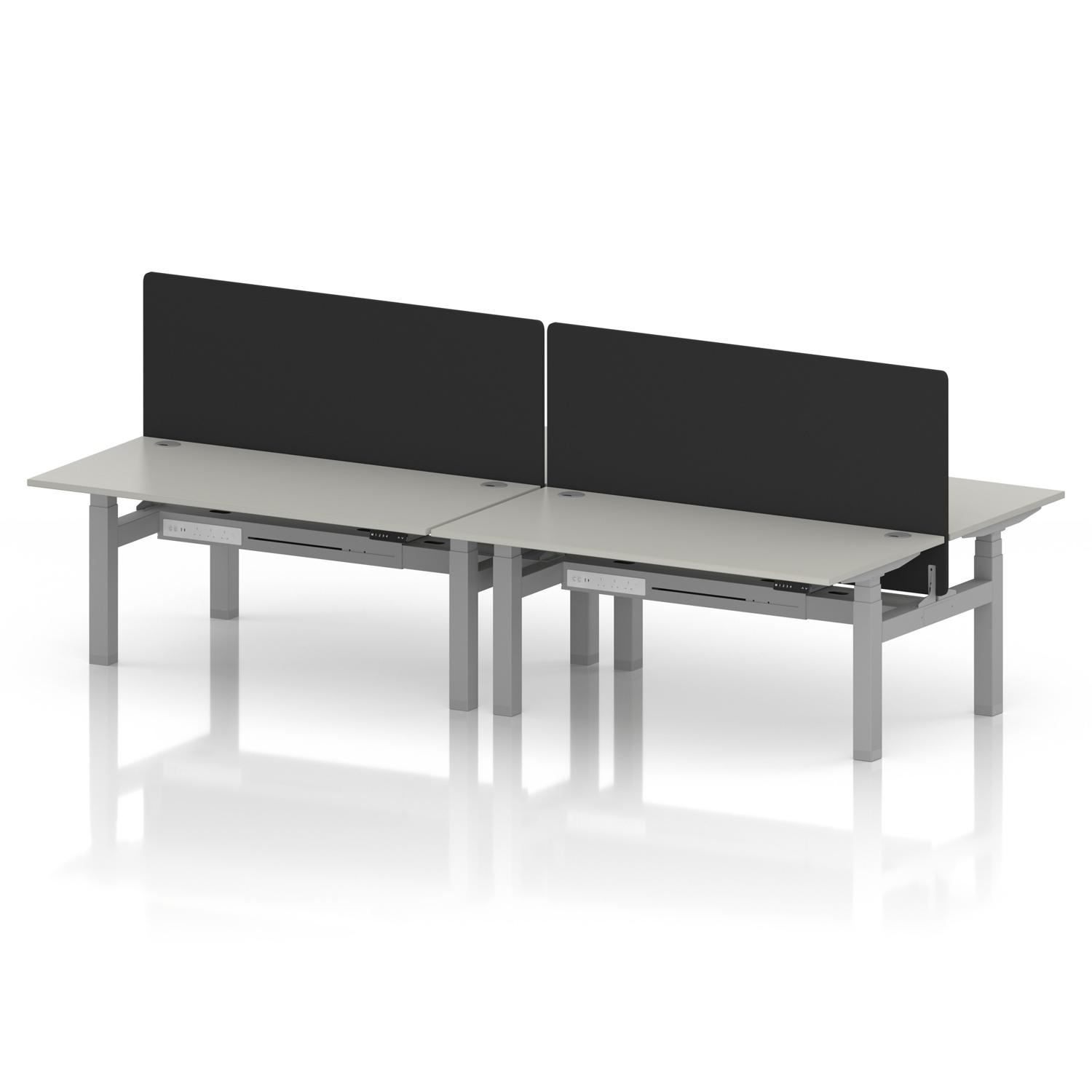 Air Back-to-Back 1600 x 800mm Height Adjustable 4 Person Office Bench Desk Dove Grey Top with Cable Ports Silver Frame with Black Straight Screen Air Back-to-Back 1600 x 800mm Height Adjustable 4 Person Office Bench Desk Dove Grey Top with Cable Ports Silver Frame with Black Straight Screen