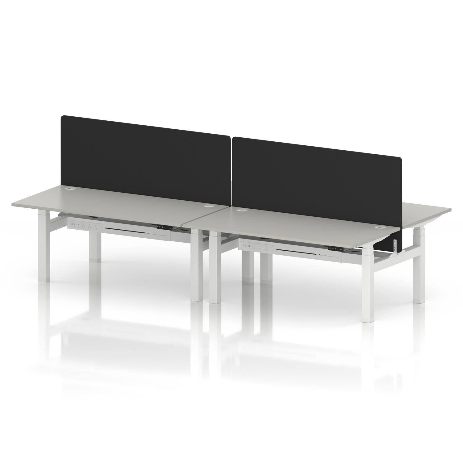 Air Back-to-Back 1600 x 800mm Height Adjustable 4 Person Office Bench Desk Dove Grey Top with Cable Ports White Frame with Black Straight Screen Air Back-to-Back 1600 x 800mm Height Adjustable 4 Person Office Bench Desk Dove Grey Top with Cable Ports White Frame with Black Straight Screen