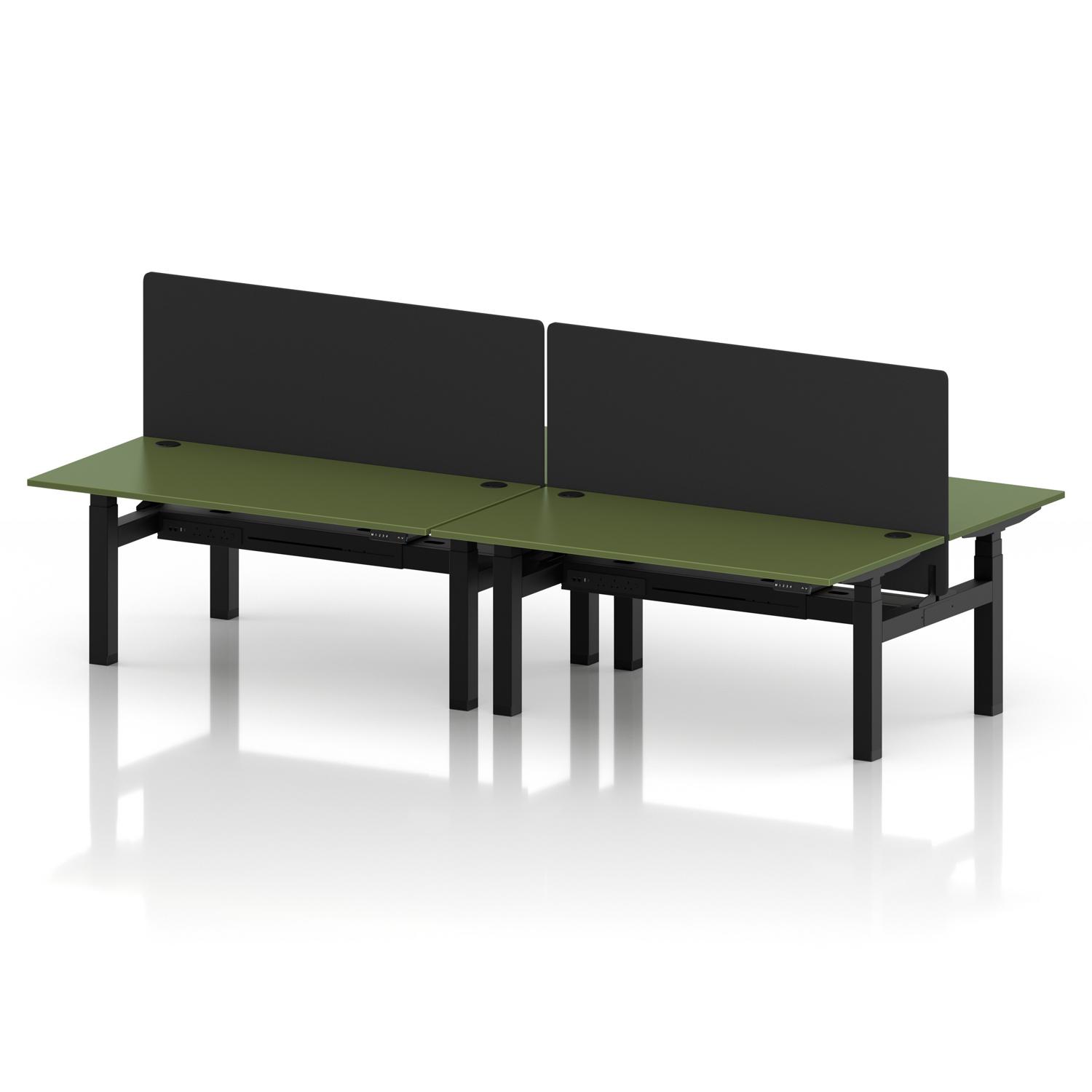 Air Back-to-Back 1600 x 800mm Height Adjustable 4 Person Office Bench Desk Moss Green Top with Cable Ports Black Frame with Black Straight Screen Air Back-to-Back 1600 x 800mm Height Adjustable 4 Person Office Bench Desk Moss Green Top with Cable Ports Black Frame with Black Straight Screen