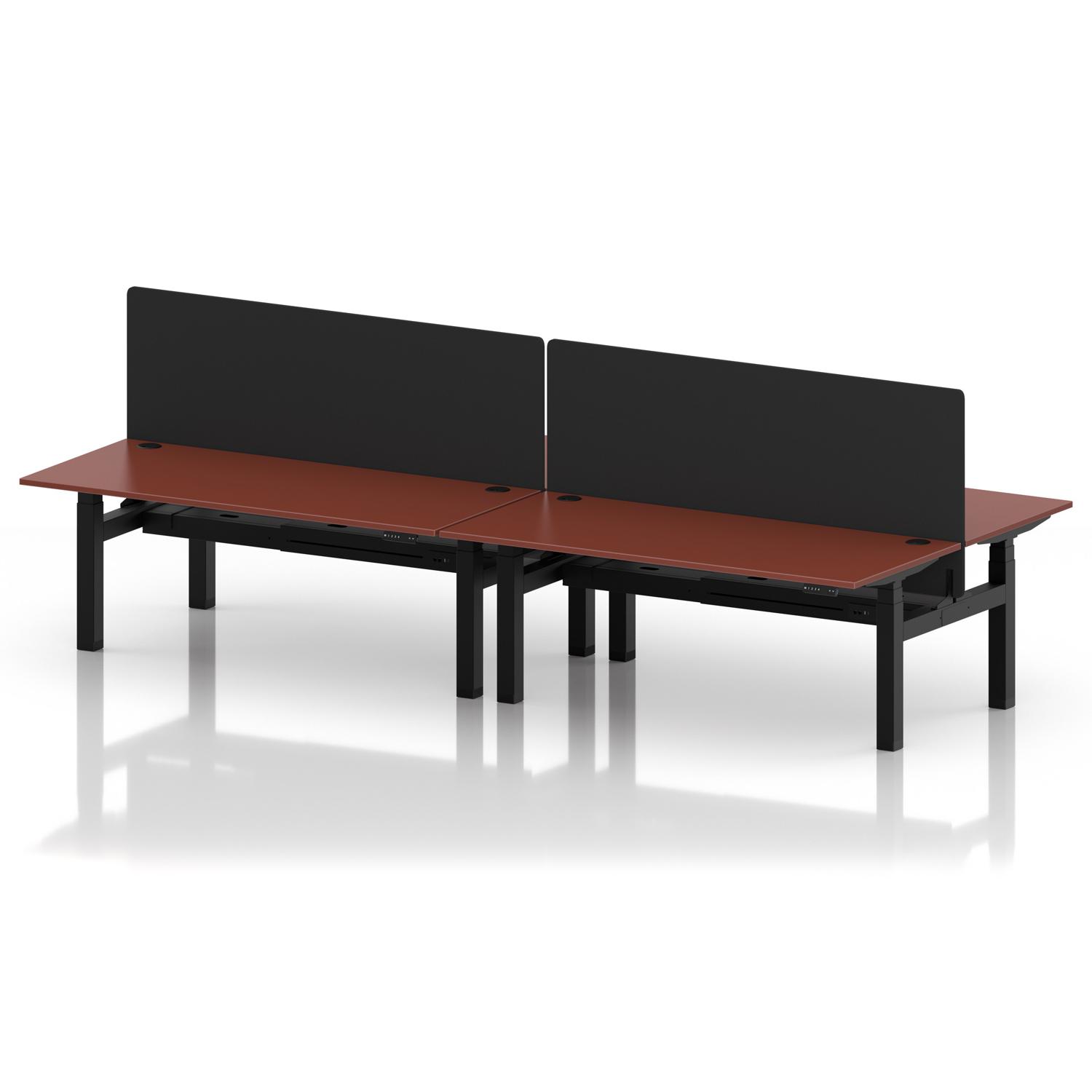 Air Back-to-Back 1800 x 800mm Height Adjustable 4 Person Office Bench Desk Brick Red Top with Cable Ports Black Frame with Black Straight Screen Air Back-to-Back 1800 x 800mm Height Adjustable 4 Person Office Bench Desk Brick Red Top with Cable Ports Black Frame with Black Straight Screen