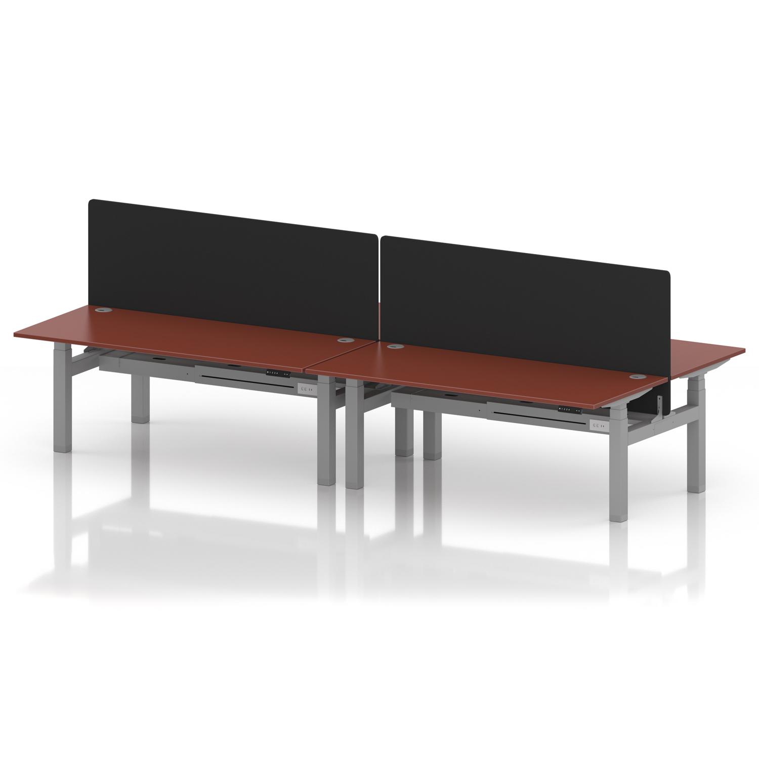 Air Back-to-Back 1800 x 800mm Height Adjustable 4 Person Office Bench Desk Brick Red Top with Cable Ports Silver Frame with Black Straight Screen Air Back-to-Back 1800 x 800mm Height Adjustable 4 Person Office Bench Desk Brick Red Top with Cable Ports Silver Frame with Black Straight Screen