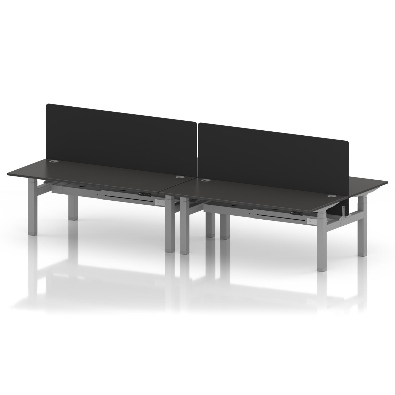 Air Back-to-Back 1800 x 800mm Height Adjustable 4 Person Office Bench Desk Carbon Grey Top with Cable Ports Silver Frame with Black Straight Screen Air Back-to-Back 1800 x 800mm Height Adjustable 4 Person Office Bench Desk Carbon Grey Top with Cable Ports Silver Frame with Black Straight Screen