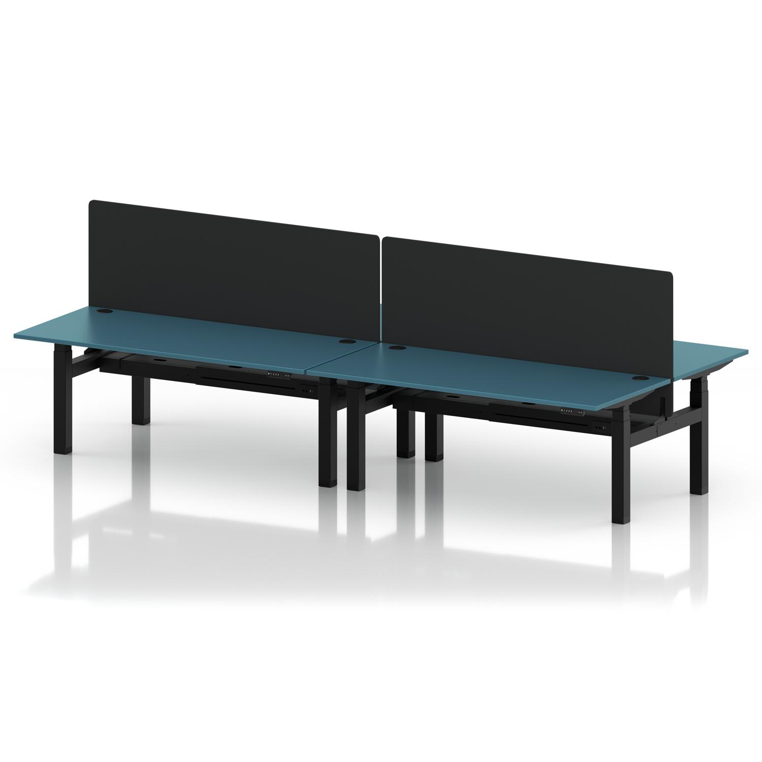 Air Back-to-Back 1800 x 800mm Height Adjustable 4 Person Office Bench Desk Dark Teal Top with Cable Ports Black Frame with Black Straight Screen Air Back-to-Back 1800 x 800mm Height Adjustable 4 Person Office Bench Desk Dark Teal Top with Cable Ports Black Frame with Black Straight Screen
