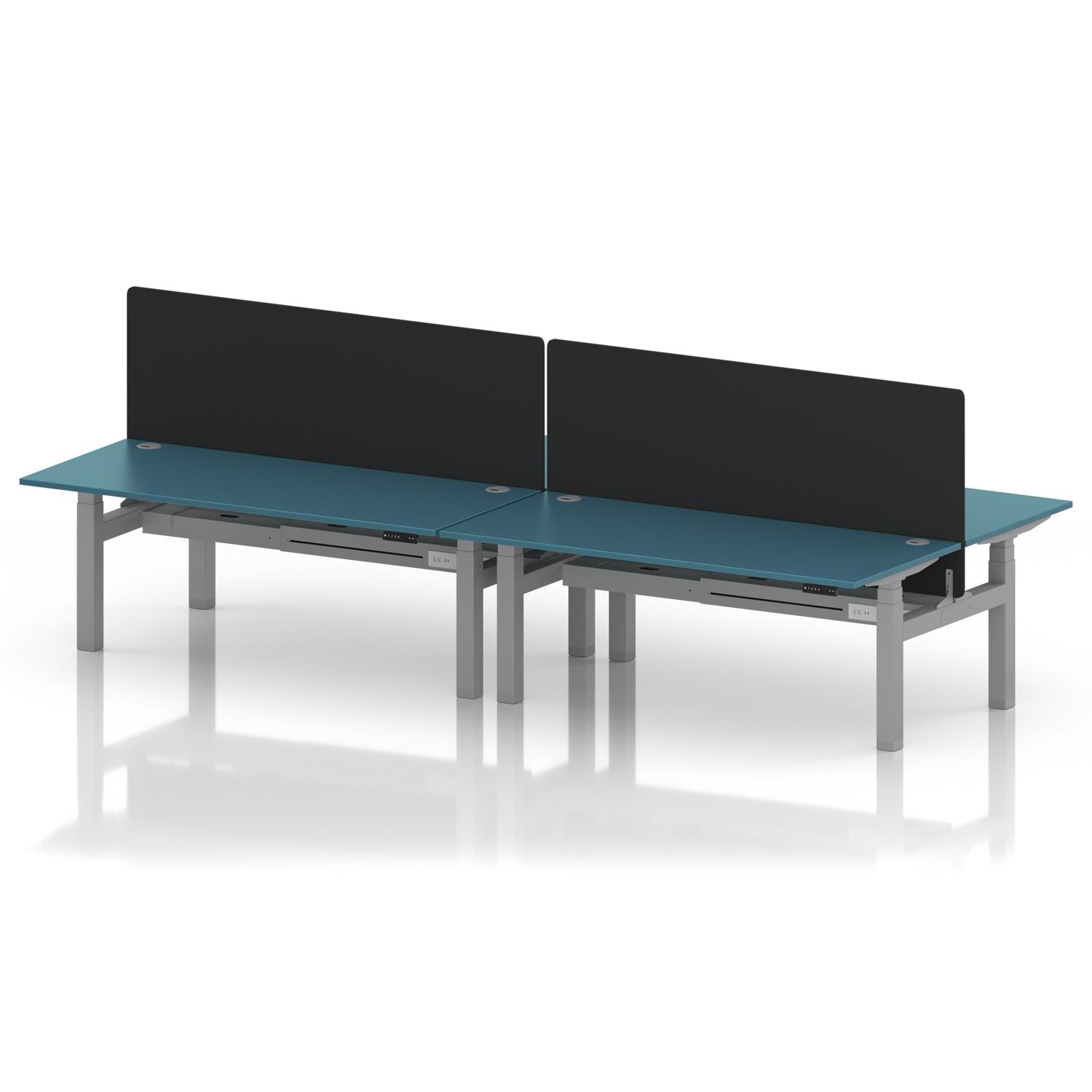 Air Back-to-Back 1800 x 800mm Height Adjustable 4 Person Office Bench Desk Dark Teal Top with Cable Ports Silver Frame with Black Straight Screen