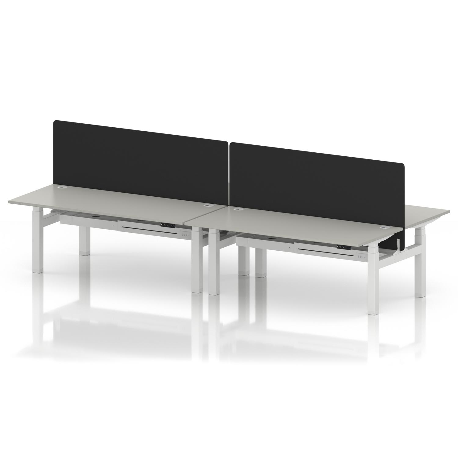 Air Back-to-Back 1800 x 800mm Height Adjustable 4 Person Office Bench Desk Dove Grey Top with Cable Ports White Frame with Black Straight Screen Air Back-to-Back 1800 x 800mm Height Adjustable 4 Person Office Bench Desk Dove Grey Top with Cable Ports White Frame with Black Straight Screen