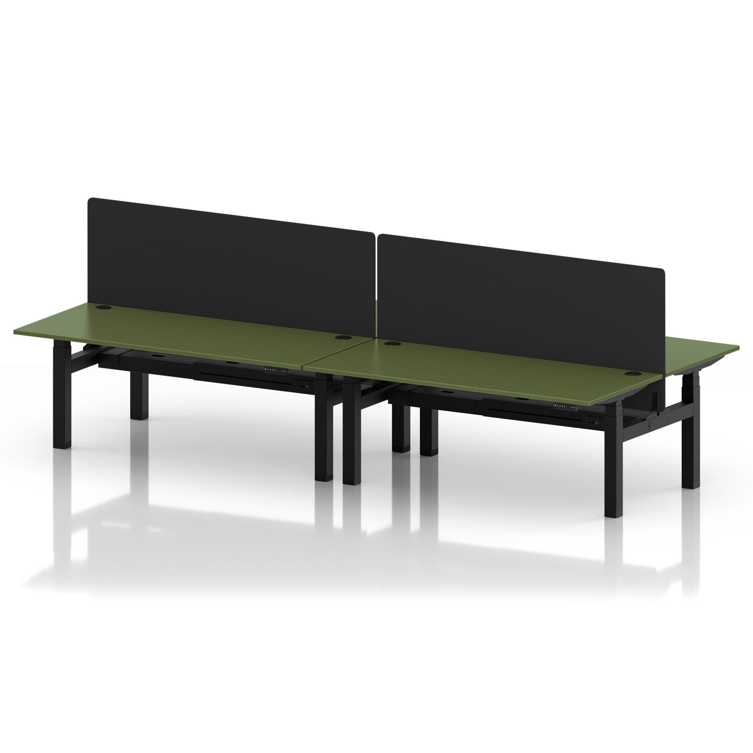 Air Back-to-Back 1800 x 800mm Height Adjustable 4 Person Office Bench Desk Moss Green Top with Cable Ports Black Frame with Black Straight Screen