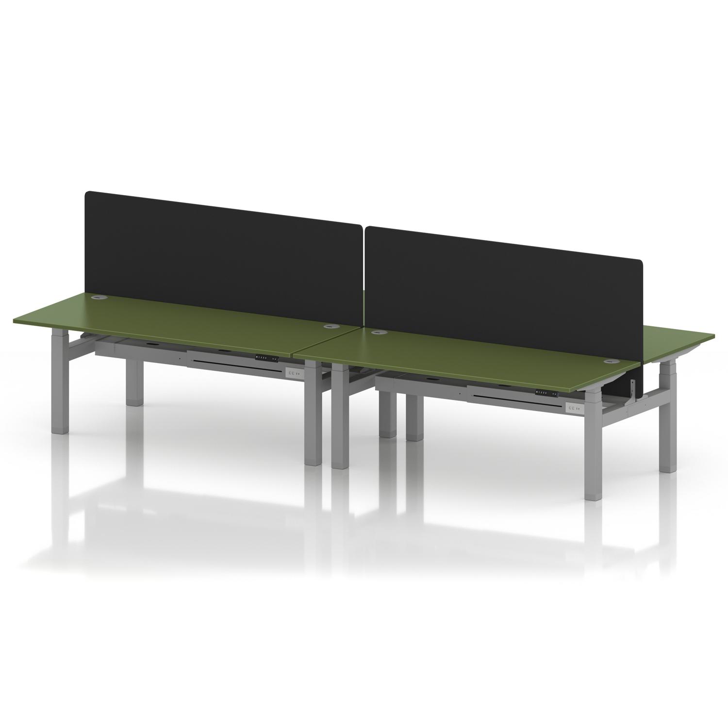 Air Back-to-Back 1800 x 800mm Height Adjustable 4 Person Office Bench Desk Moss Green Top with Cable Ports Silver Frame with Black Straight Screen Air Back-to-Back 1800 x 800mm Height Adjustable 4 Person Office Bench Desk Moss Green Top with Cable Ports Silver Frame with Black Straight Screen
